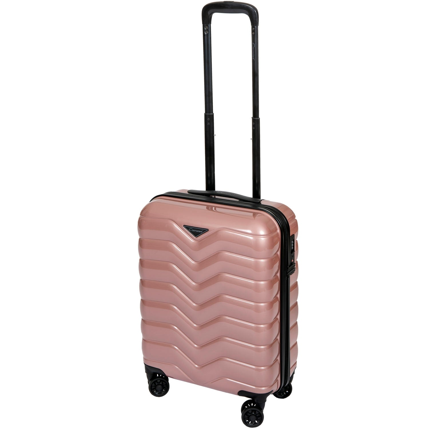 Een roségouden koffer met golvend patroon en intrekbaar handvat op wielen.