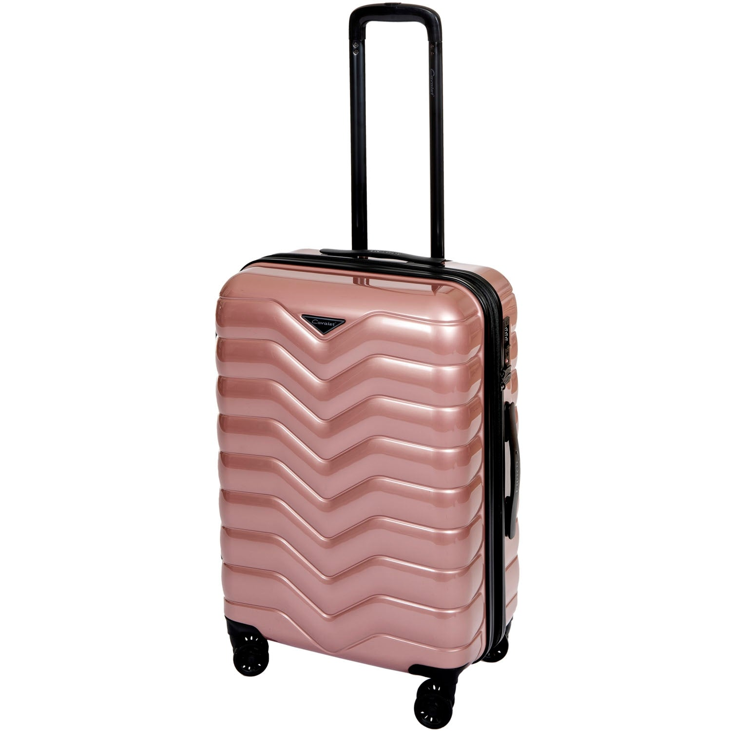 Een roségouden koffer met visgraatpatroon, zwart handvat en wielen.