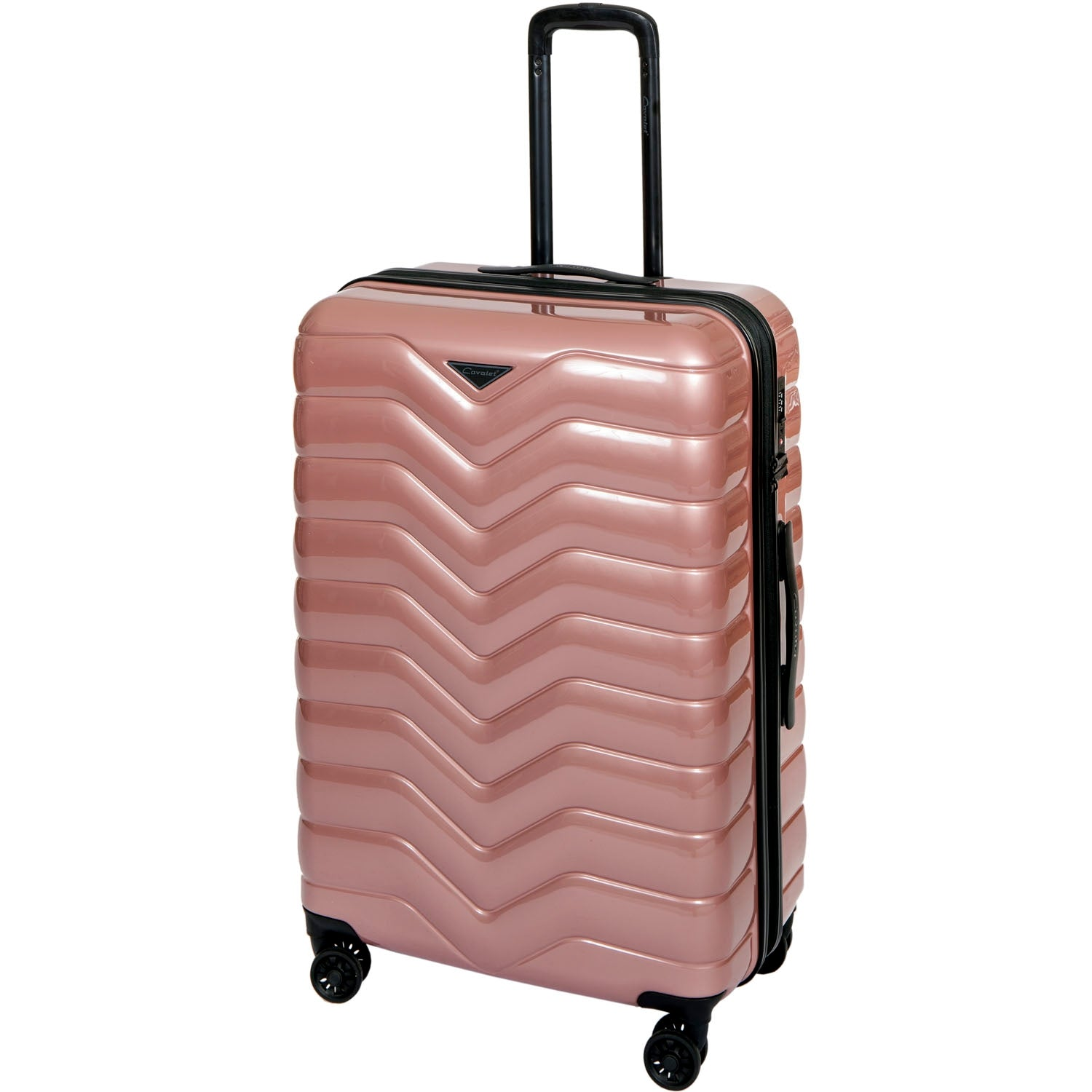 Een roségouden koffer met golvend patroon, wielen en een uitschuifbaar handvat.