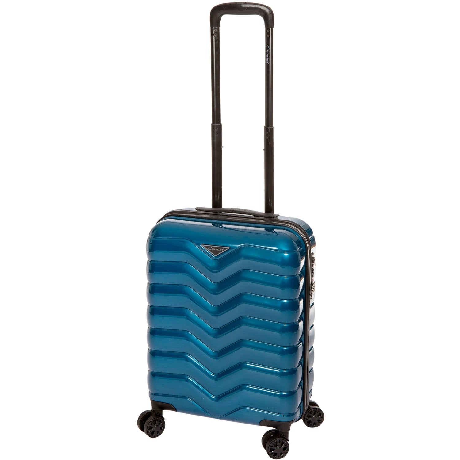 Een glanzende blauwe koffer met wielen en uitschuifbaar handvat.
