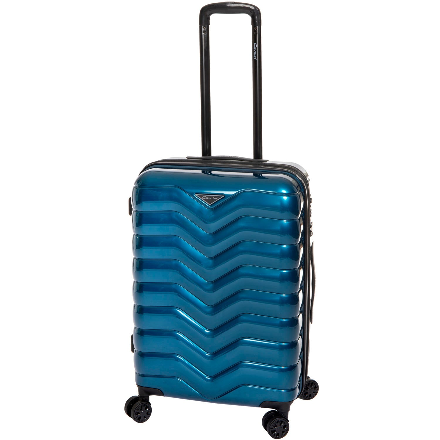 Een glanzende blauwe koffer met golvend patroon en uitschuifbaar handvat.