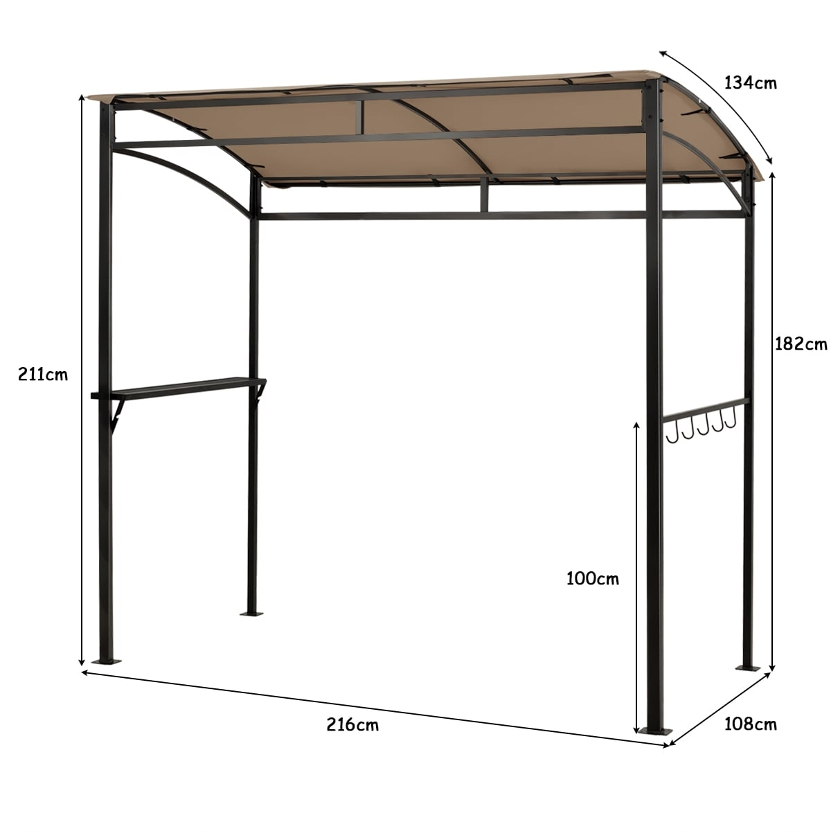 Een beige luifel met zwarte metalen palen en planken, afmetingen zijn aangegeven.