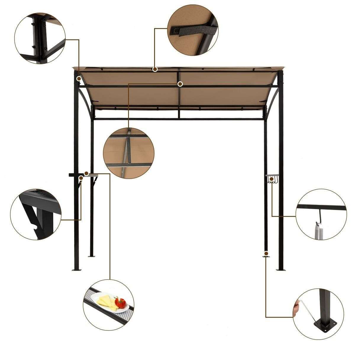 Gazebo frame met bruine luifel. Close-ups tonen verbindingen, dakriemen, plank en voet.