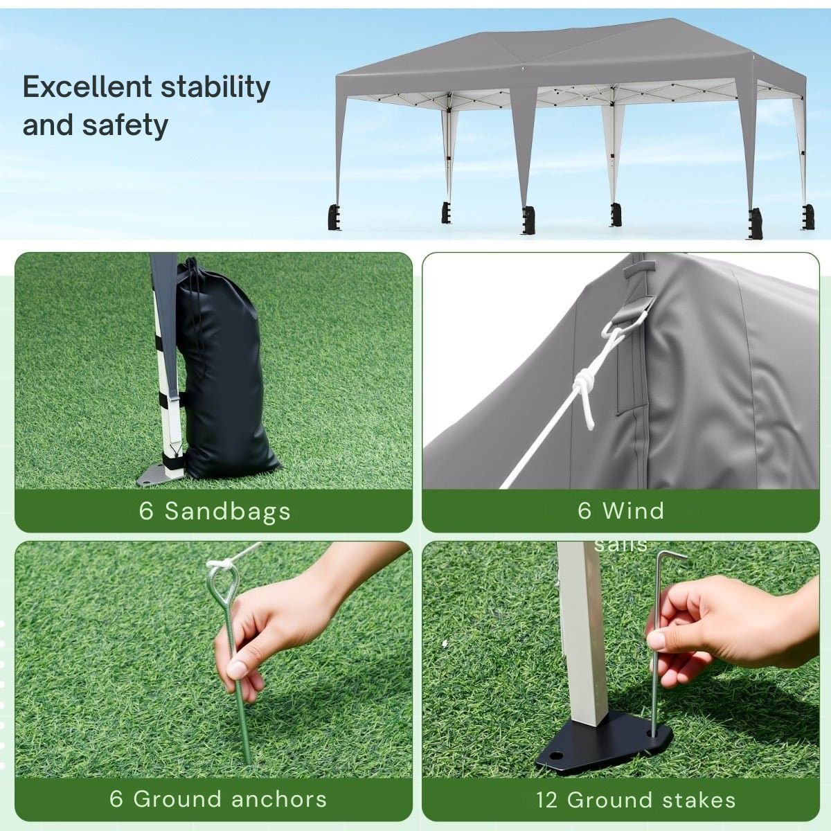 Grijze tent met stabiliteitsaccessoires: zandzakken, windlijnen, grondankers, haringen.