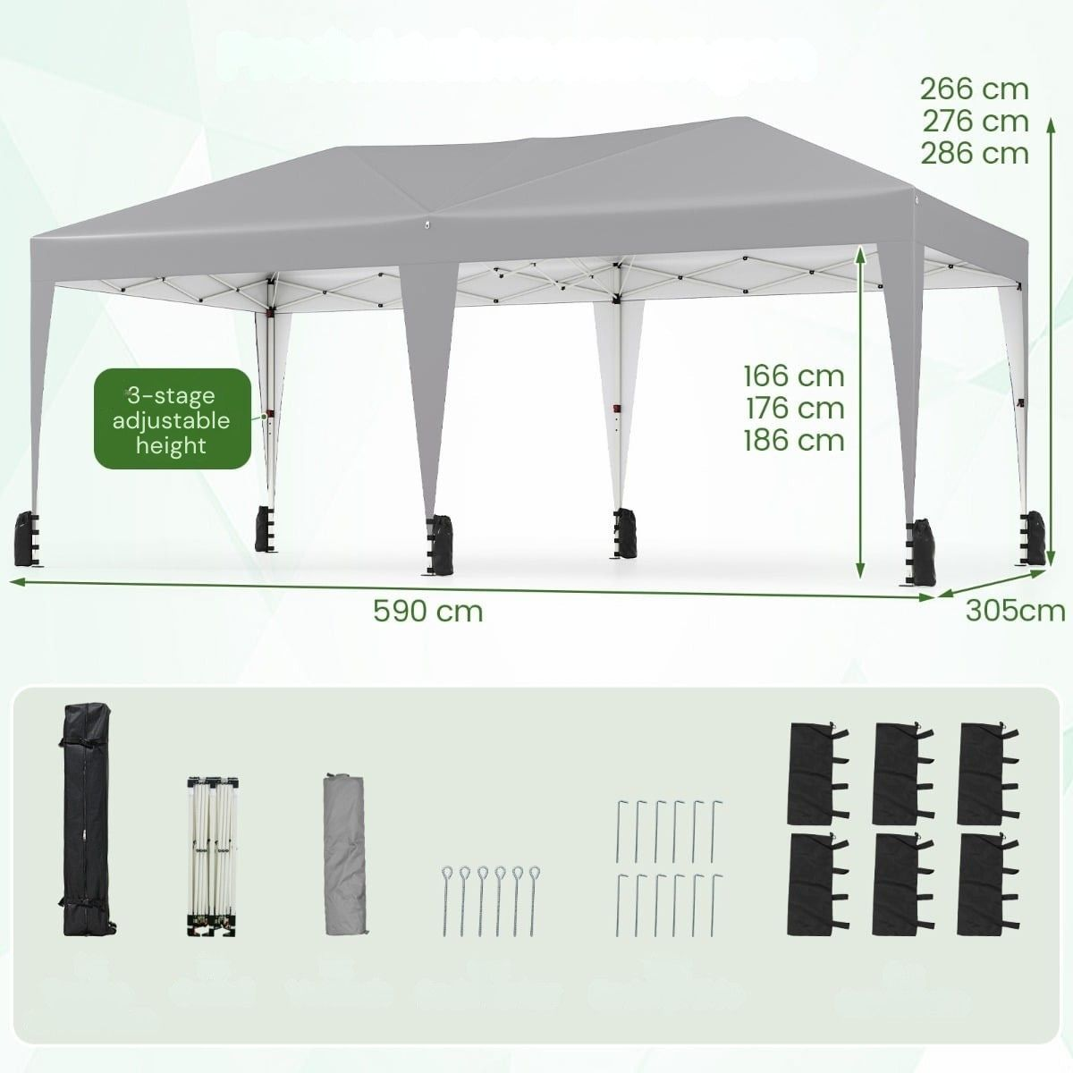 Grijze tent met afmetingen en accessoires. Verstelbare hoogte.