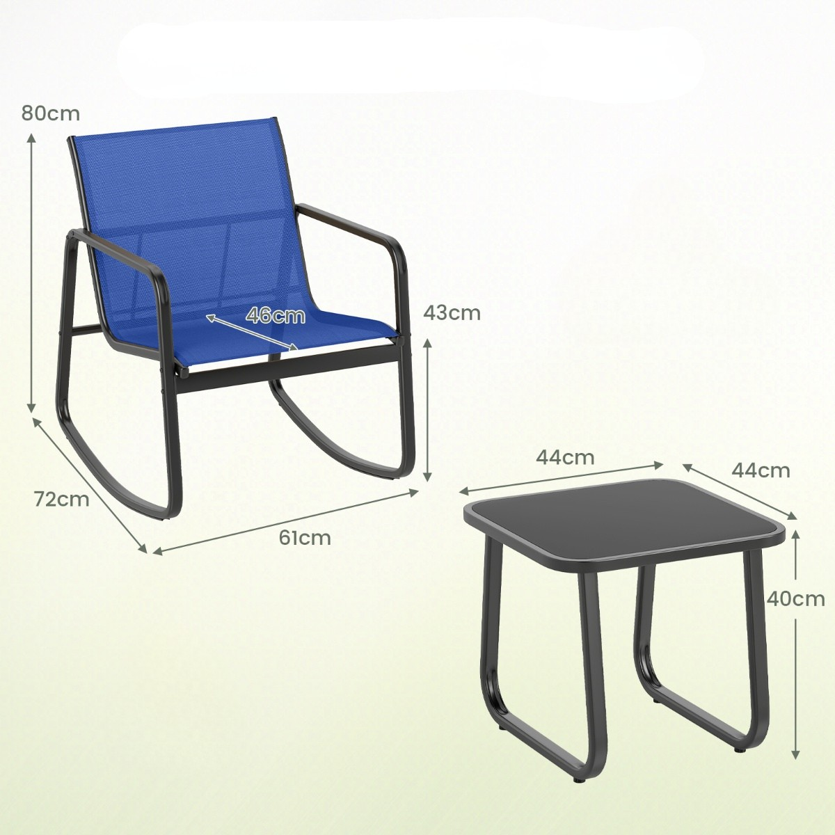 Een blauwe schommelstoel en een kleine zwarte tafel met afmetingen.