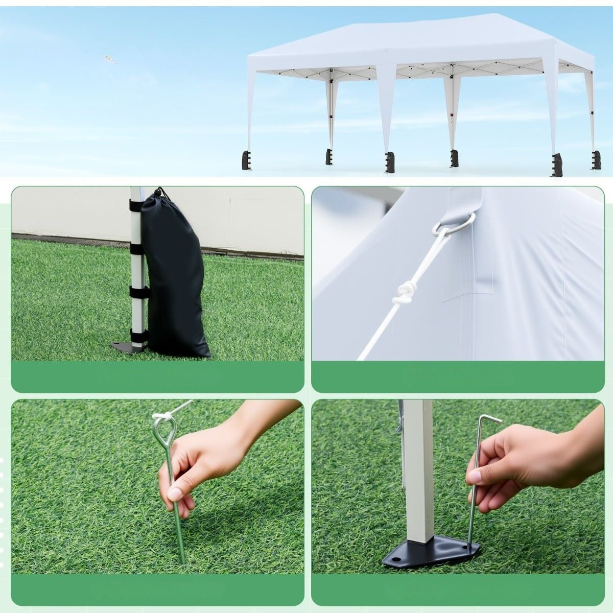 Witte partytent met vier poten op kunstgras. Montageaccessoires worden getoond.