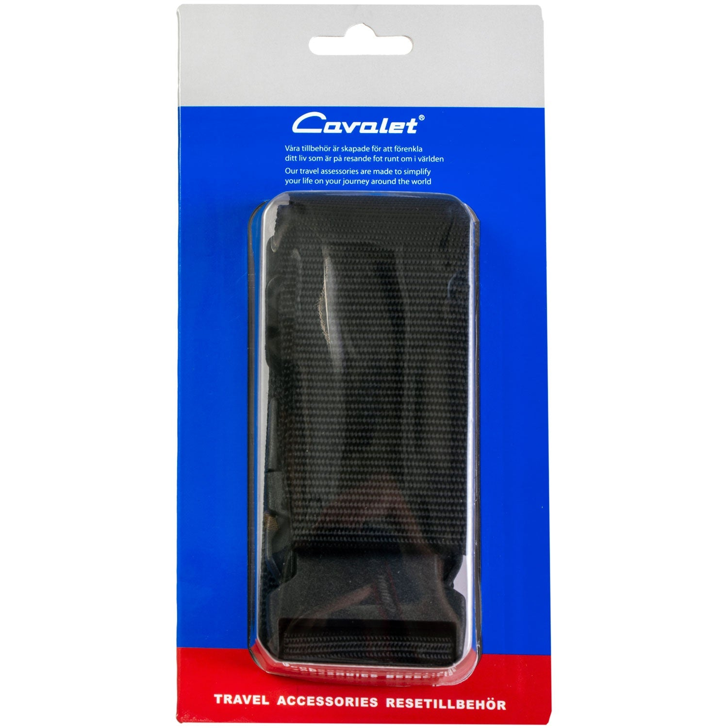 Zwart reisaccessoire in verpakking met "Cavalet"-etiket.