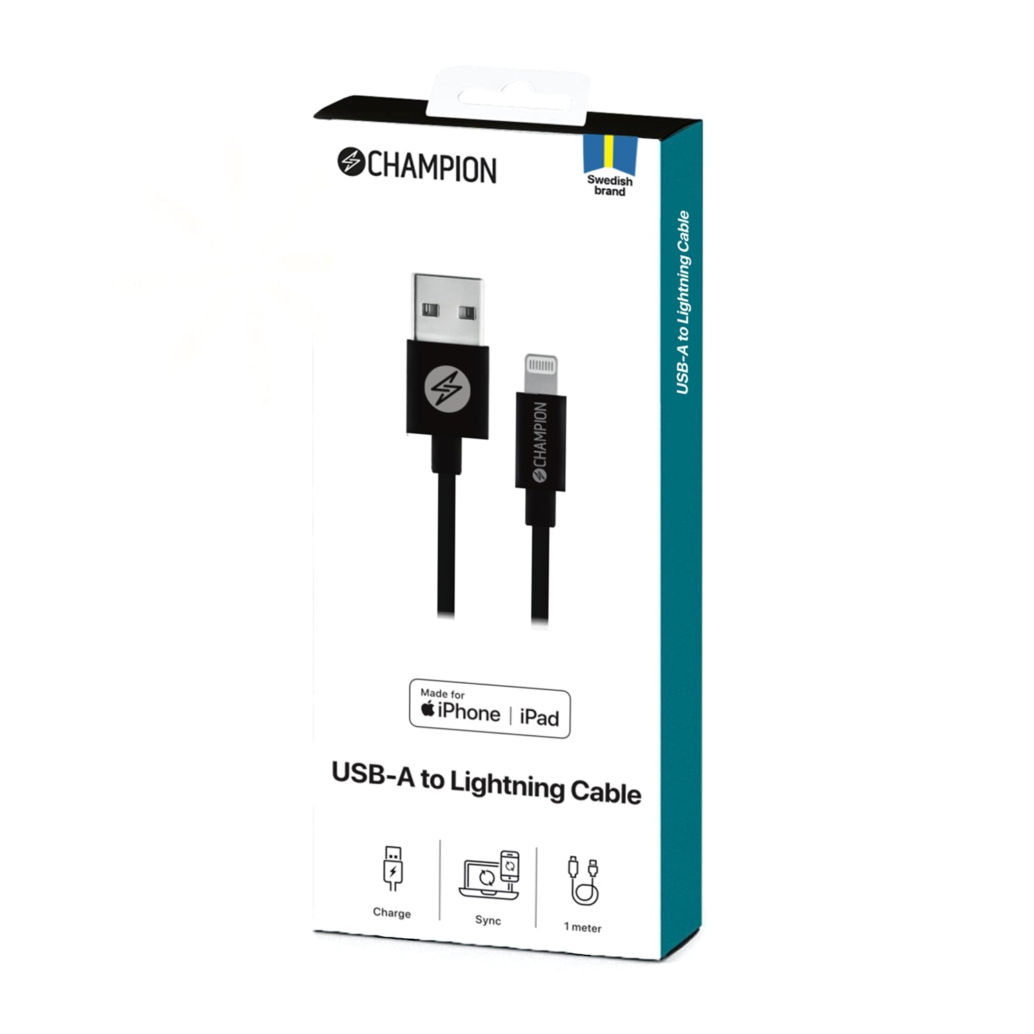 Champion USB-A to Lightning Cable packaging. Features a black cable with silver connectors.