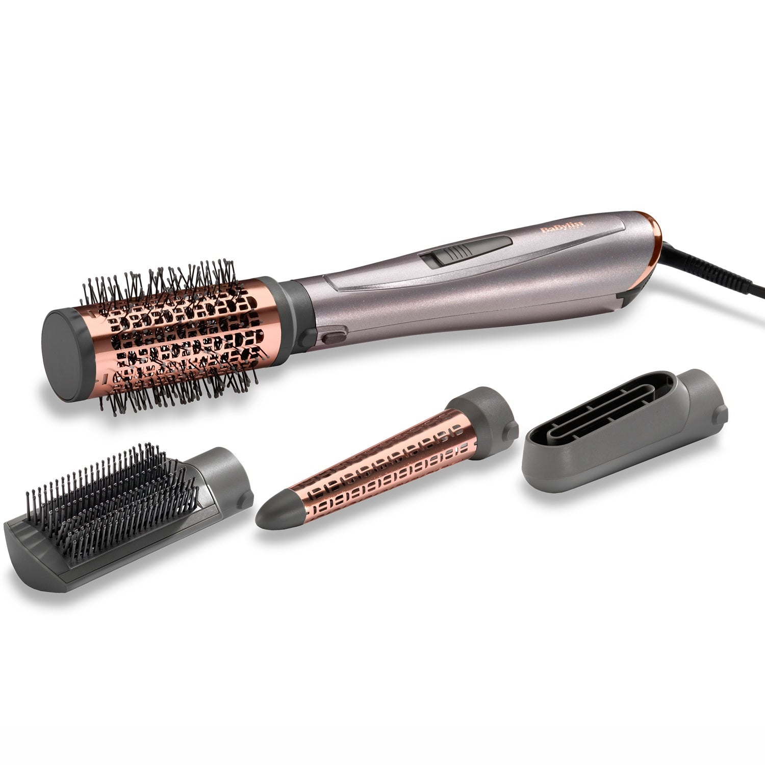 A rose gold and gray hair dryer with three attachments on a white background.