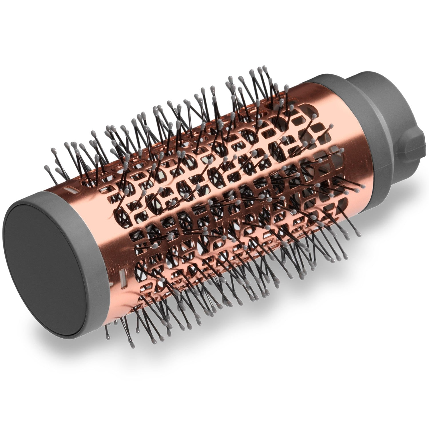 A copper round hair brush barrel with black bristles and gray ends.