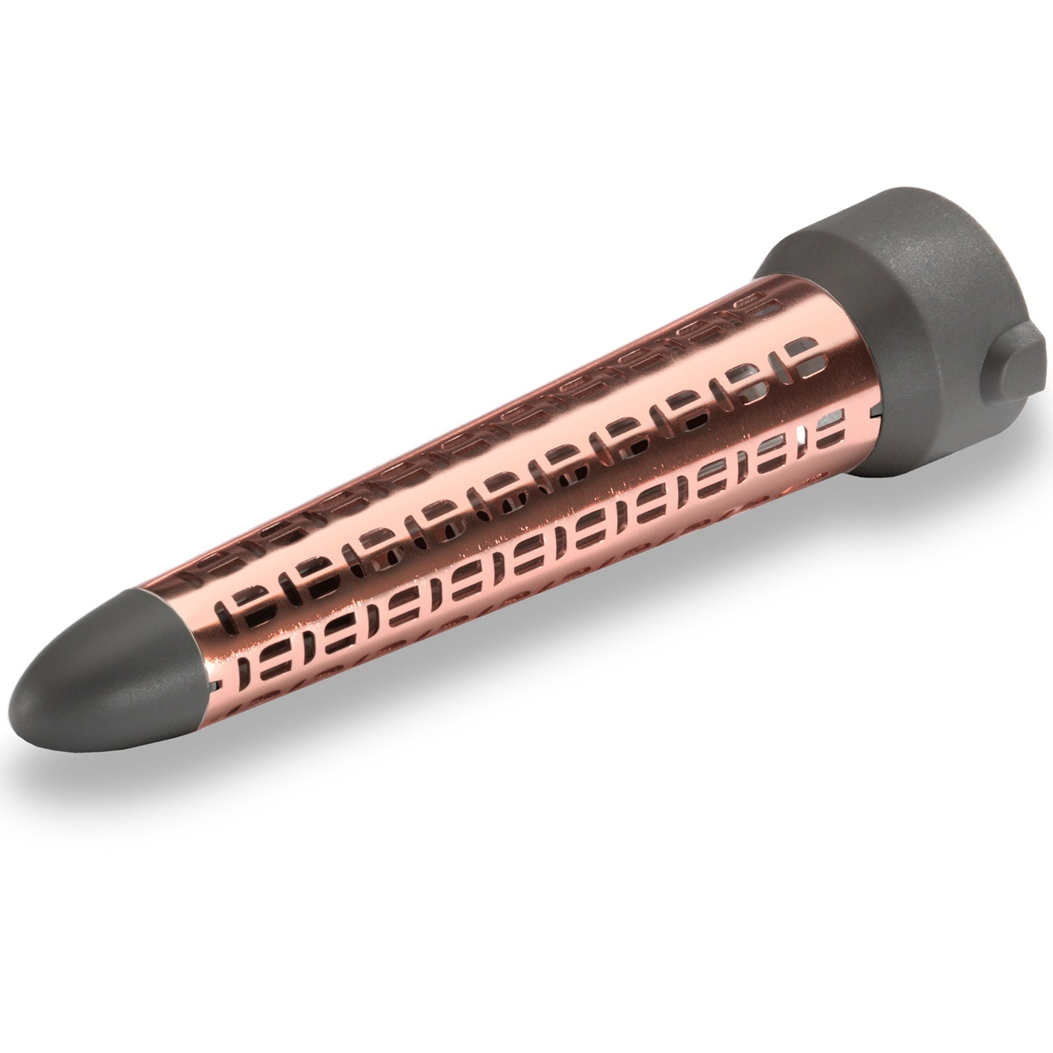 A grey and copper hair dryer attachment with cutouts.