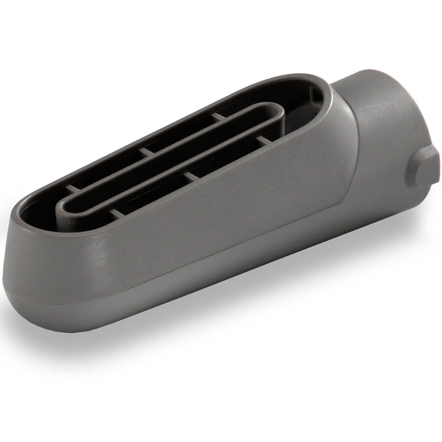 Gray plastic attachment with narrow slits and a round connector.