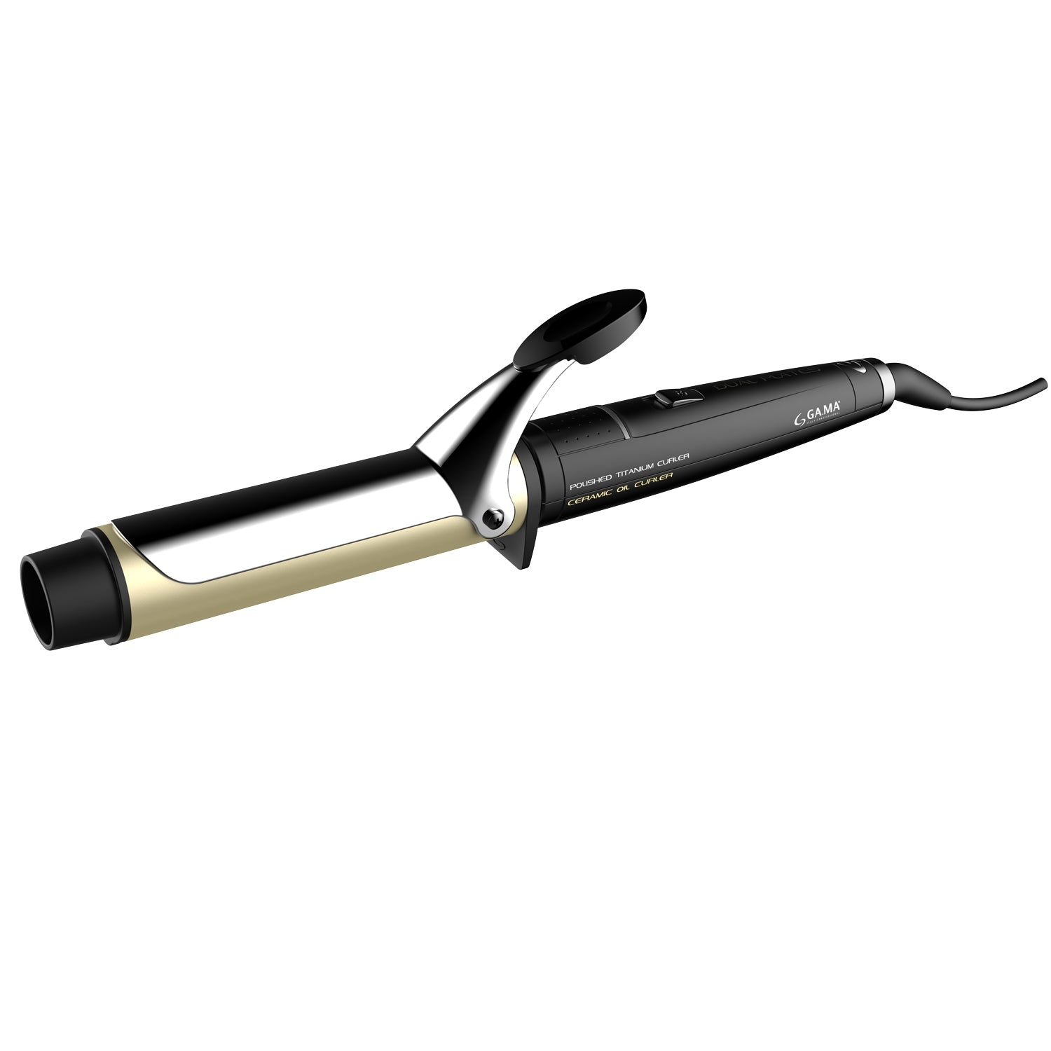 A black and gold curling iron with a polished titanium barrel and ceramic oil technology.