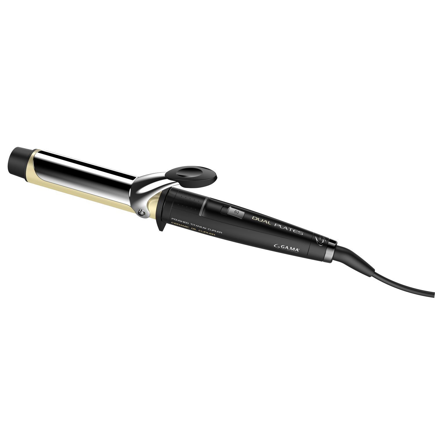 Black curling iron with polished titanium plates and gold-colored handle.