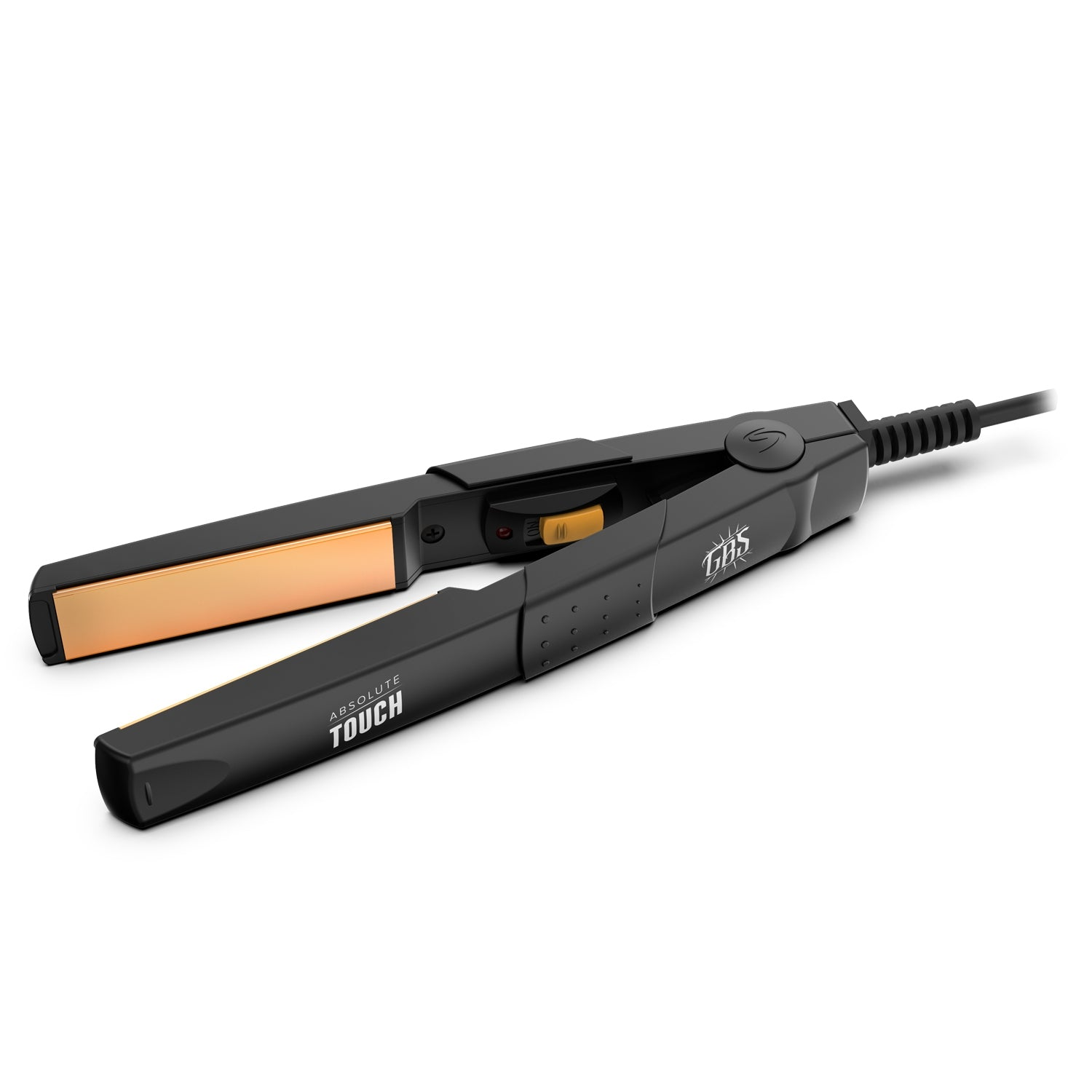 A black hair straightener with gold plates, angled on a white background.