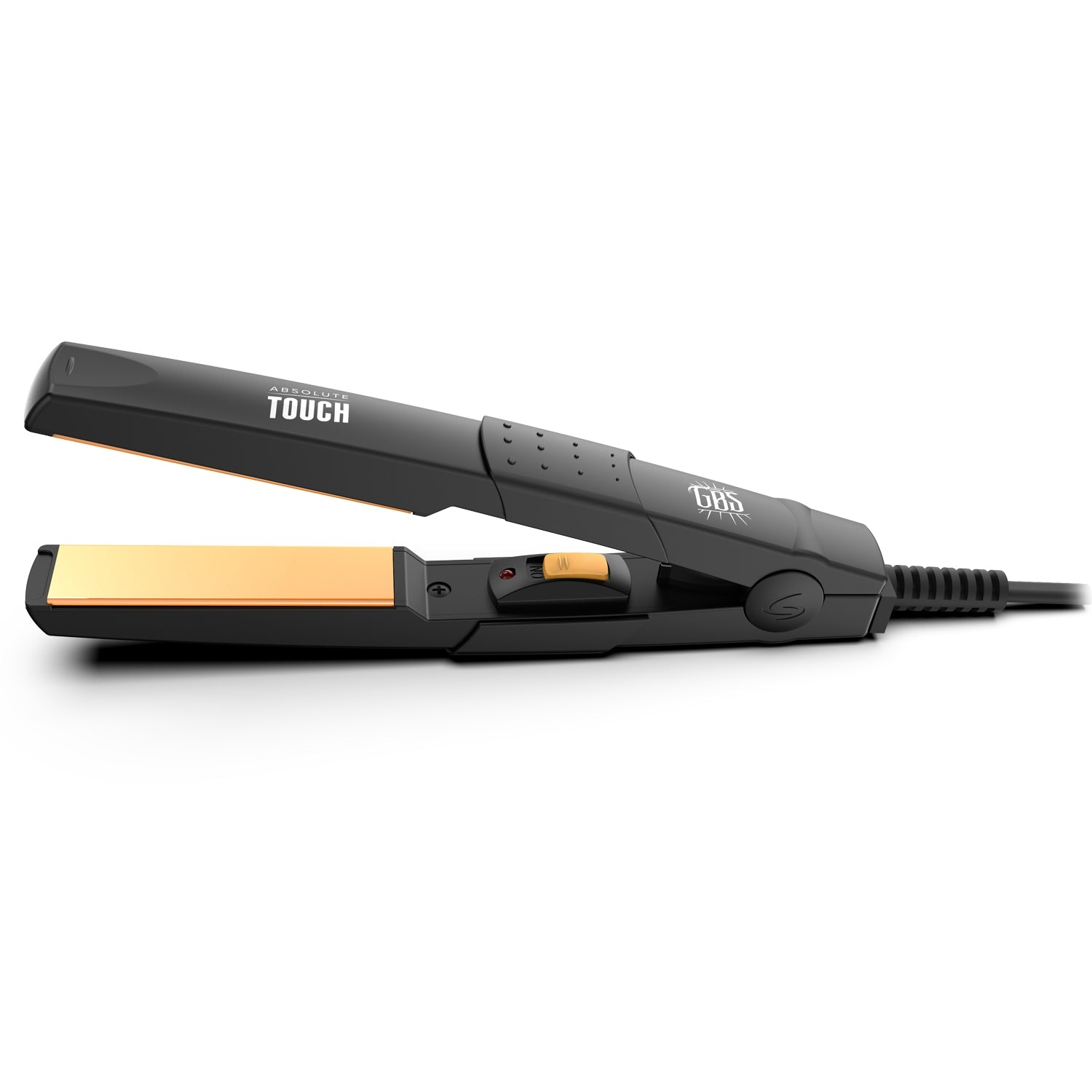 A black hair straightener with gold plates and GBS logo.