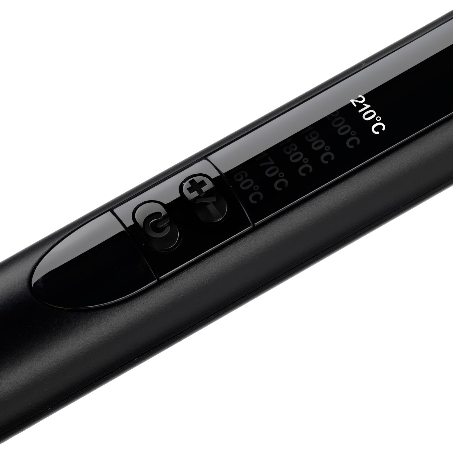 Black hair straightener with digital temperature display from 60-210°C.