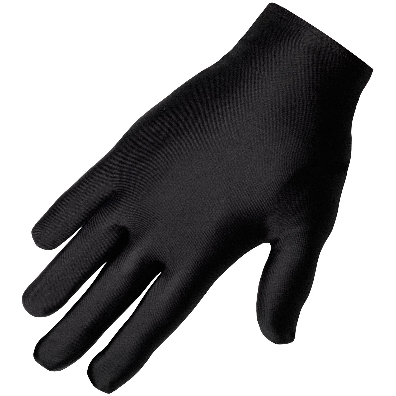 A black fabric glove is shown against a white background.