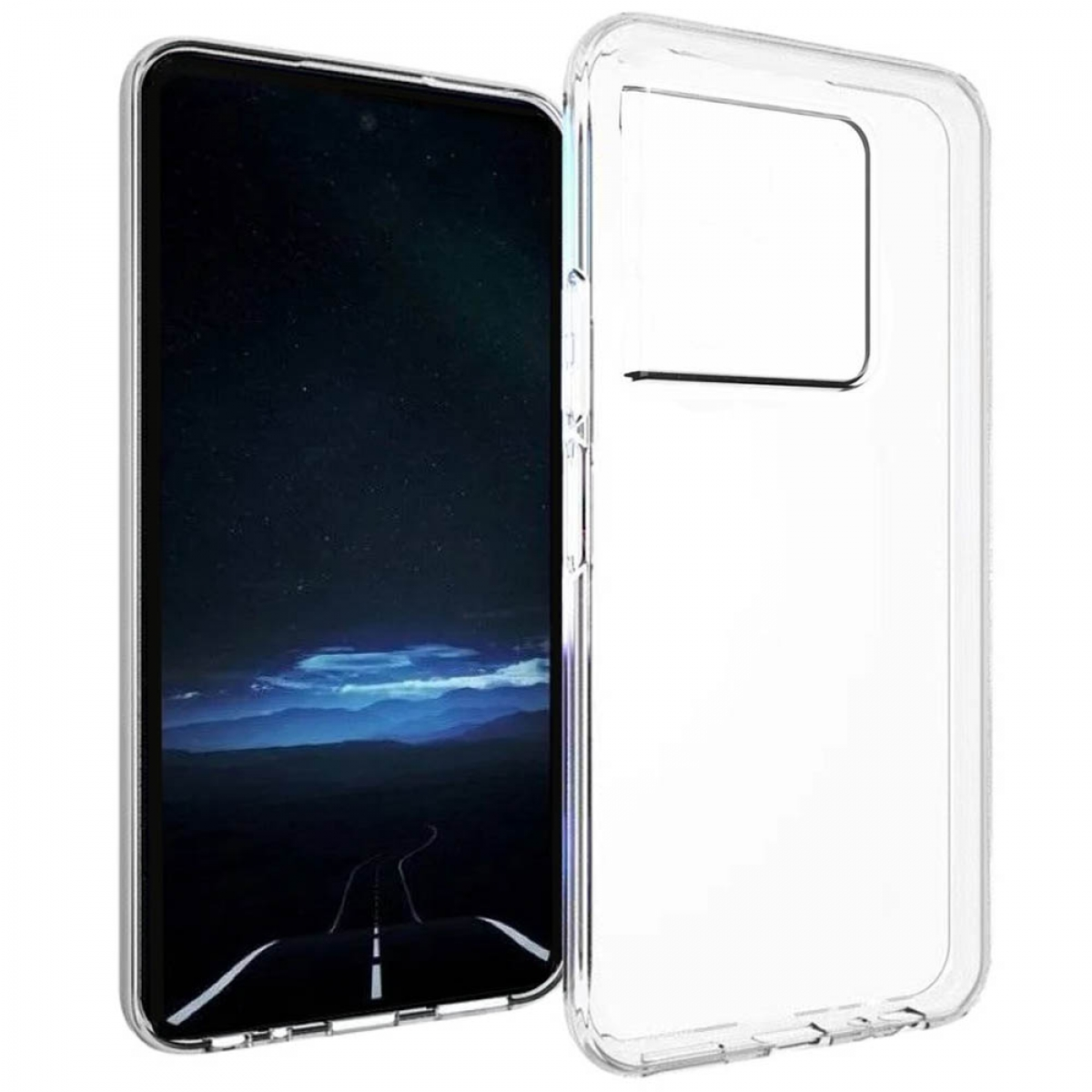 Ein durchsichtiges Handyhülle neben einem Smartphone mit Sternenhimmel-Hintergrund.