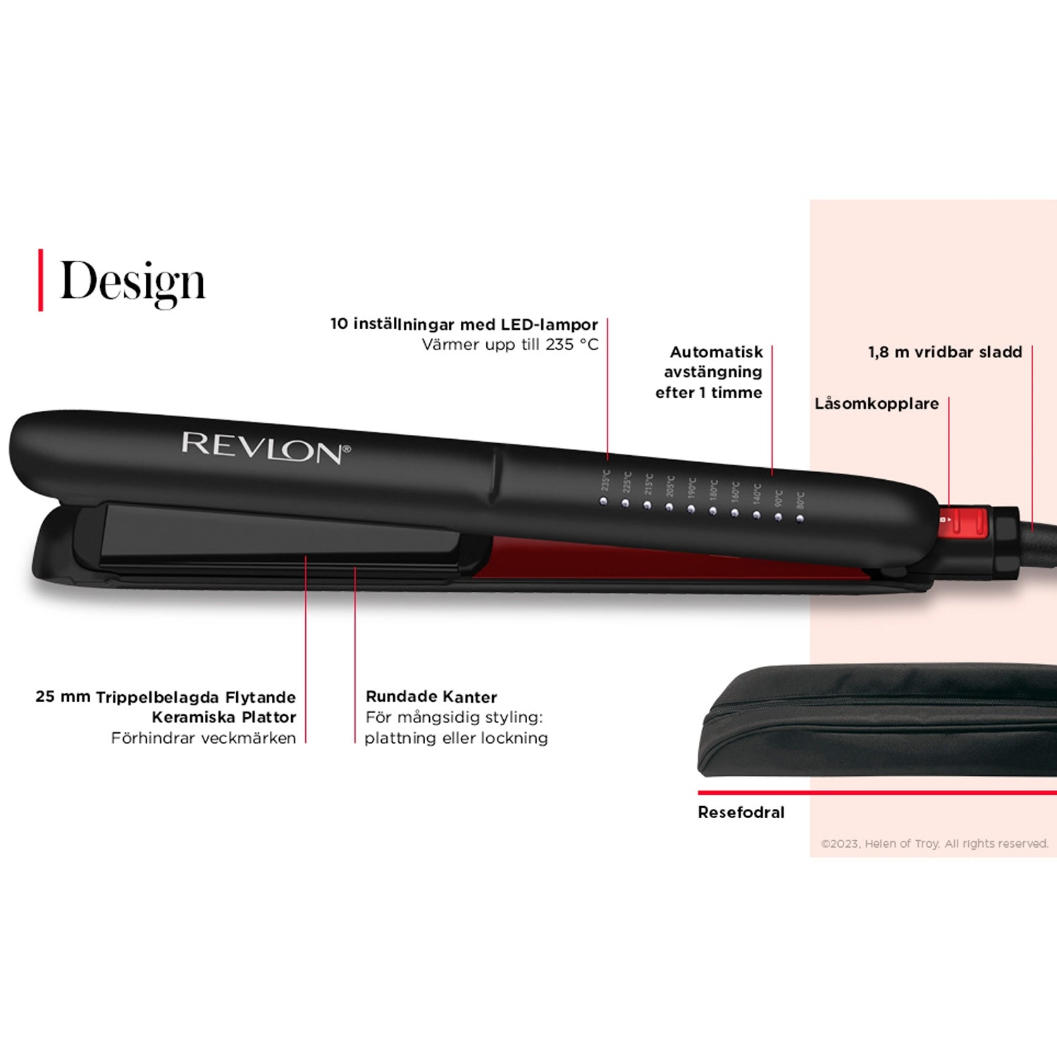 Revlon straightener with 25mm ceramic plates, 10 LED settings, 235°C, travel pouch.