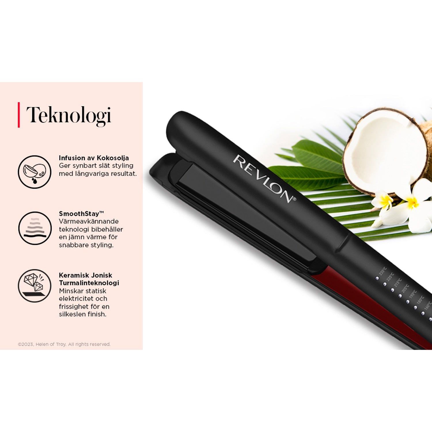 A black Revlon hair straightener with coconut and flowers.