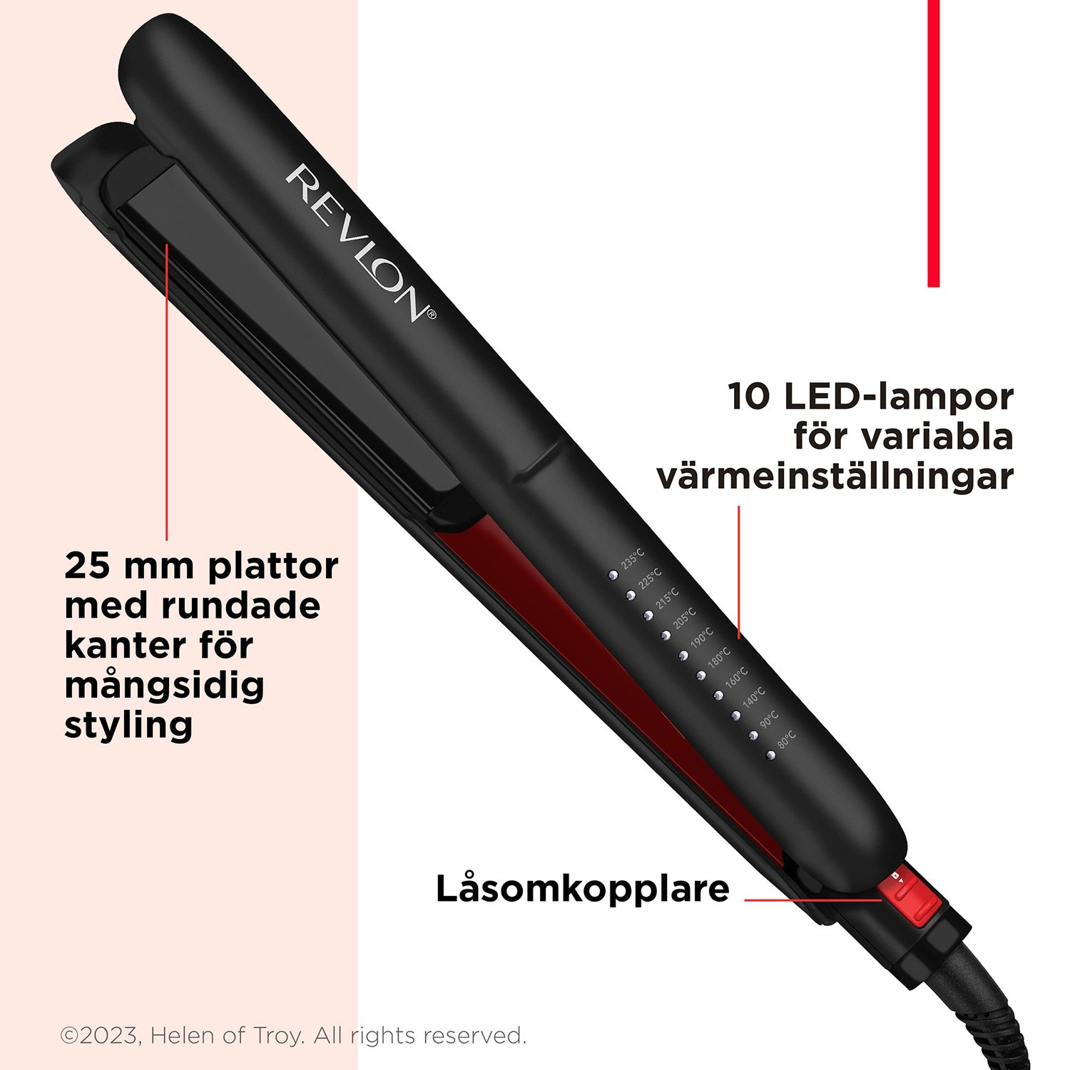 Black Revlon hair straightener with 25mm plates, 10 LED lights and temperature settings.