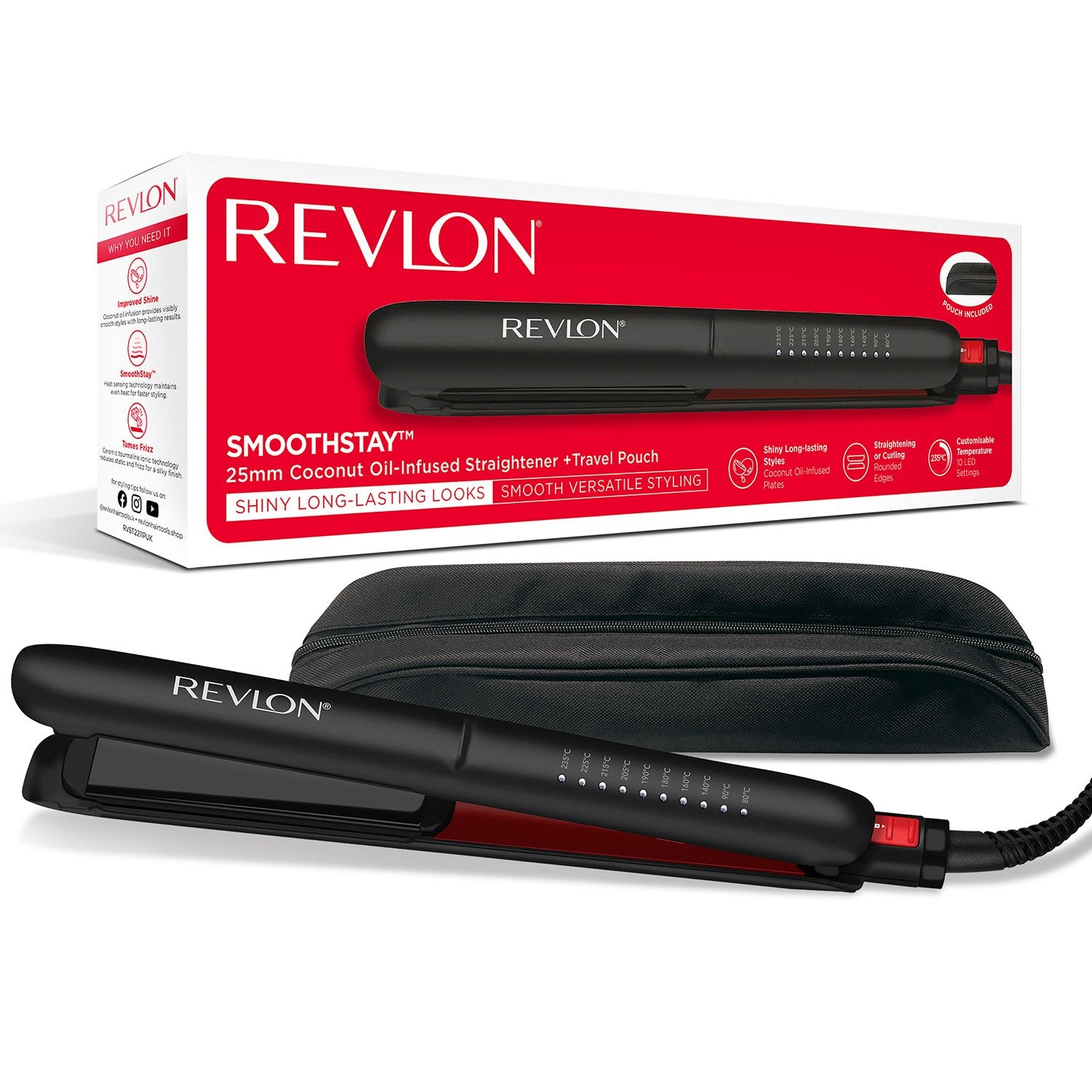 Revlon hair straightener in black with travel pouch and temperature controls.