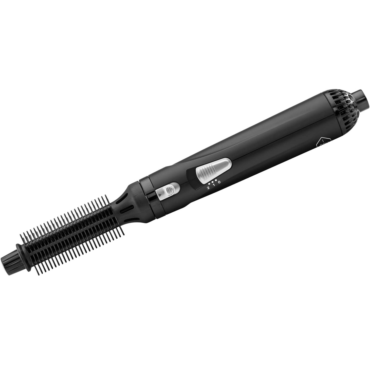 A black rotating hot brush with bristle attachments and control buttons.