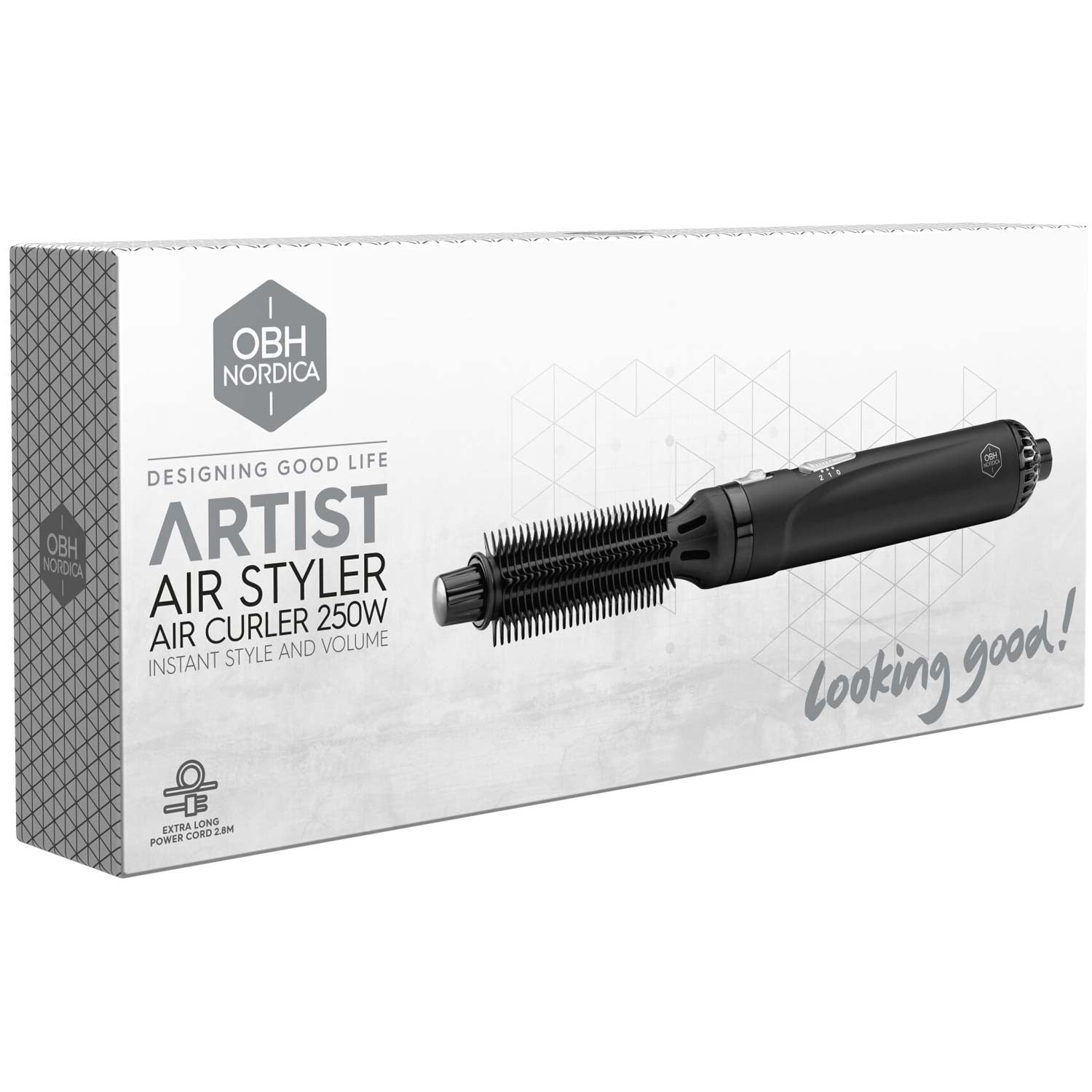 Box for a black OBH Nordica air styler hair dryer with text.