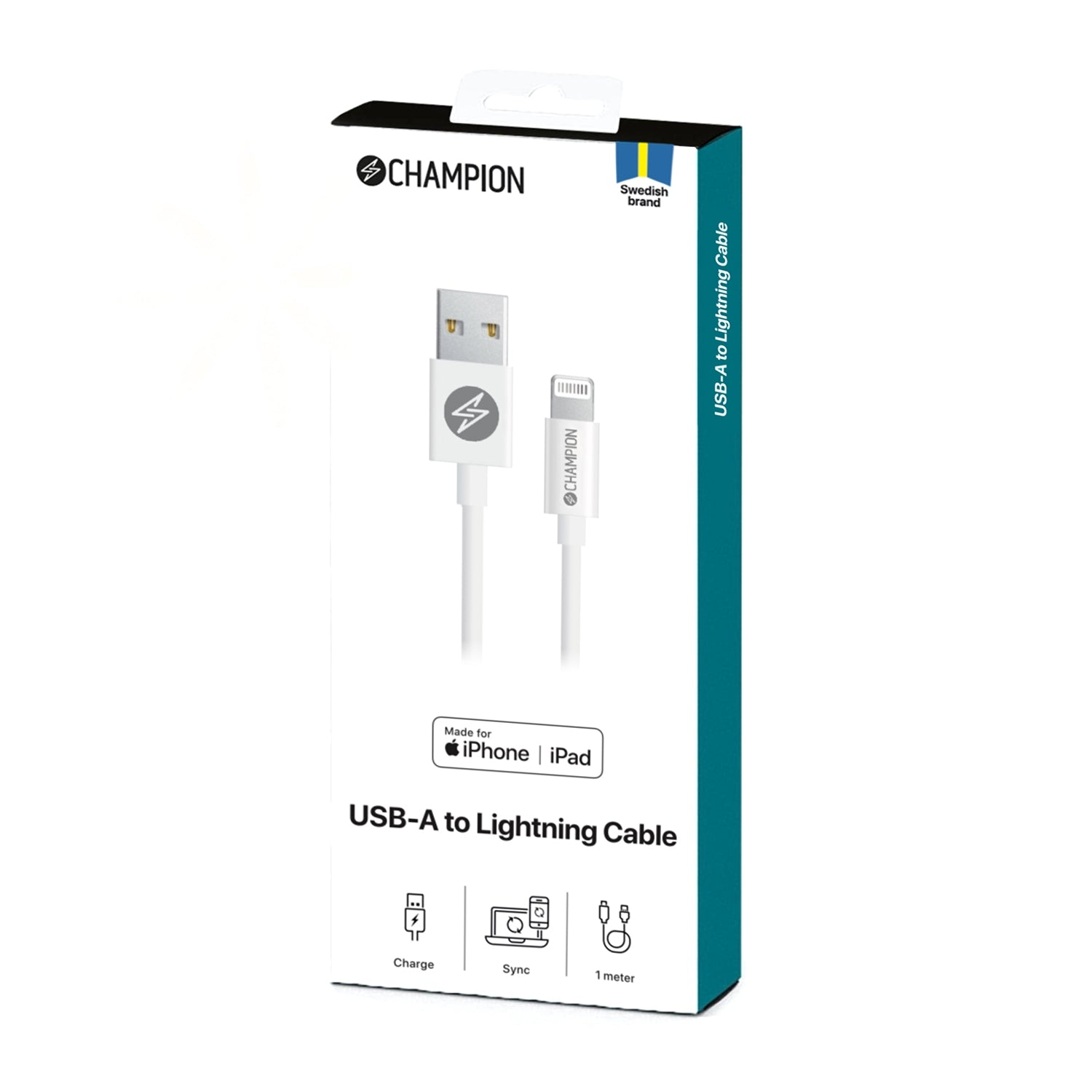 Champion USB-A to Lightning Cable packaging with a white cable visible.