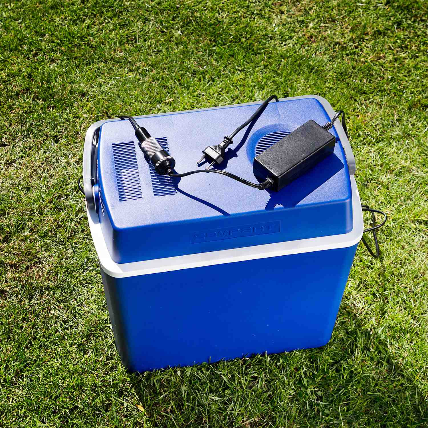 Blauwe koelbox met stroomkabel en adapter op groen gras.