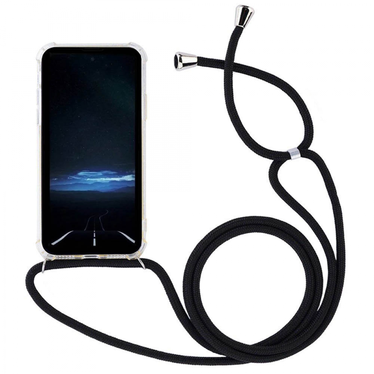 Ein Smartphone in einer transparenten Hülle mit schwarzer Kordel ist auf weißem Hintergrund abgebildet.