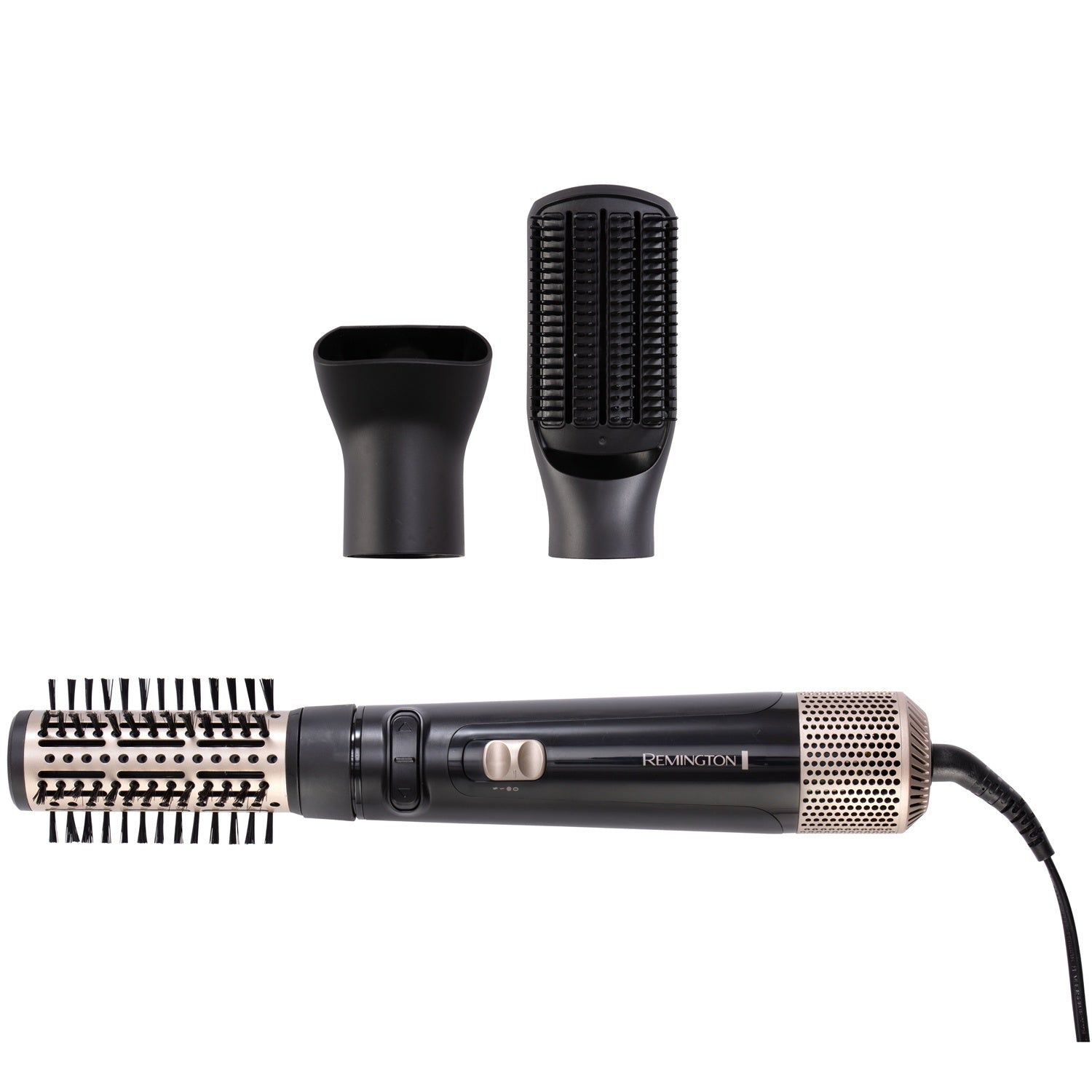 A black Remington hair dryer with a rotating brush attachment, nozzle, and comb attachment.