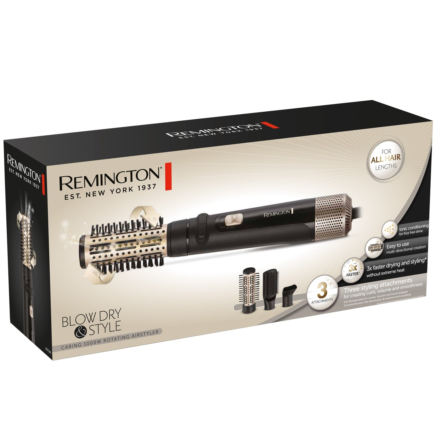 Remington Air Styler packaging showing rotating brush and attachments.