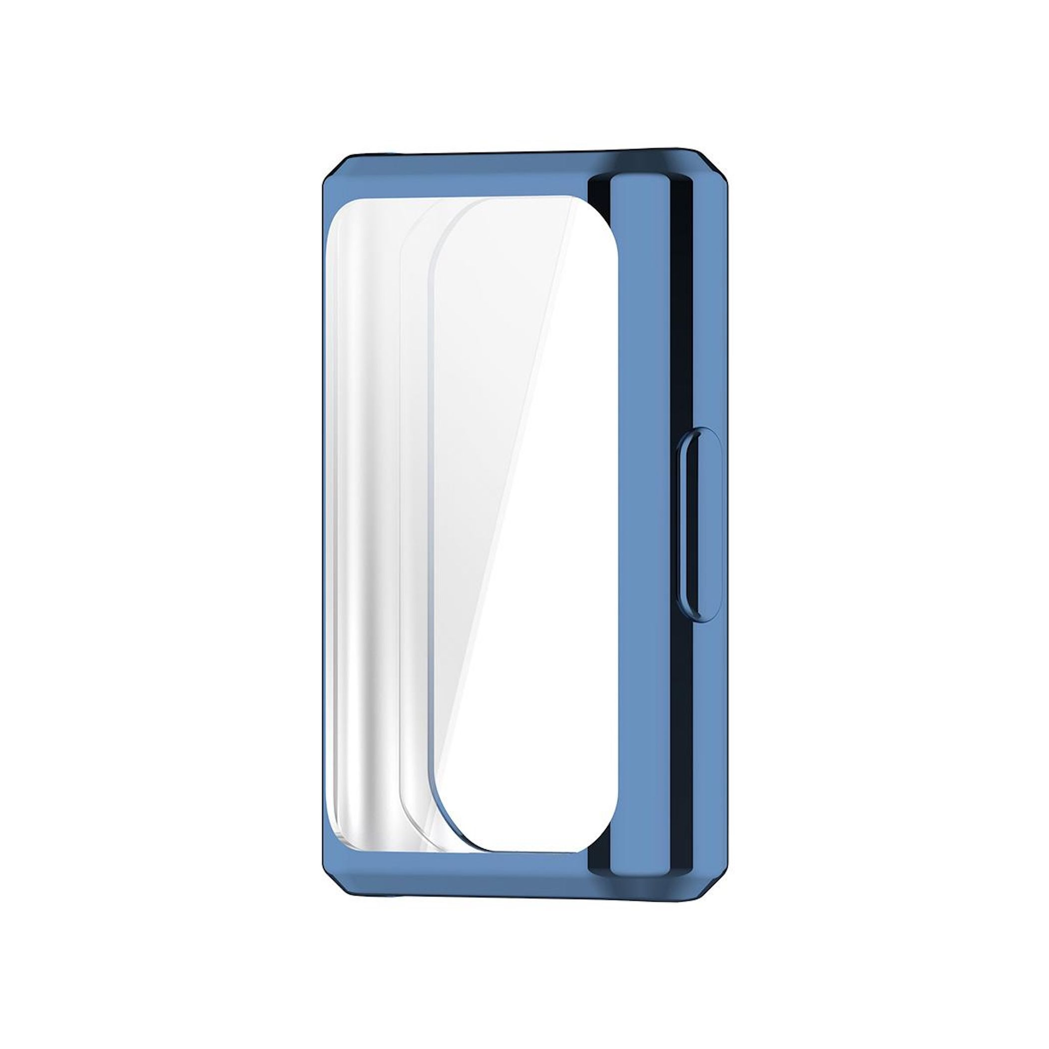 Blaue Schutzhülle mit transparentem Fenster, weißer Hintergrund.