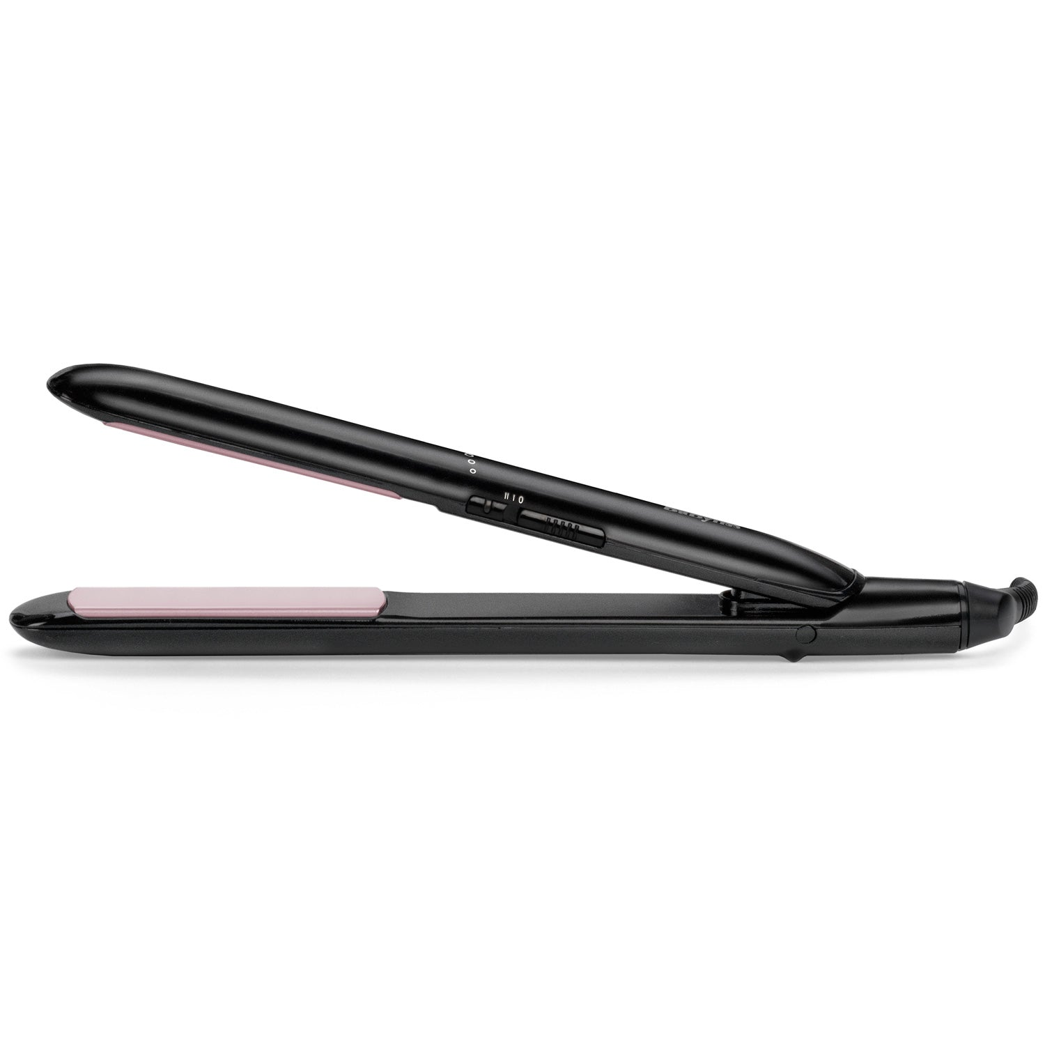 A black hair straightener with pink plates, set against a white background.