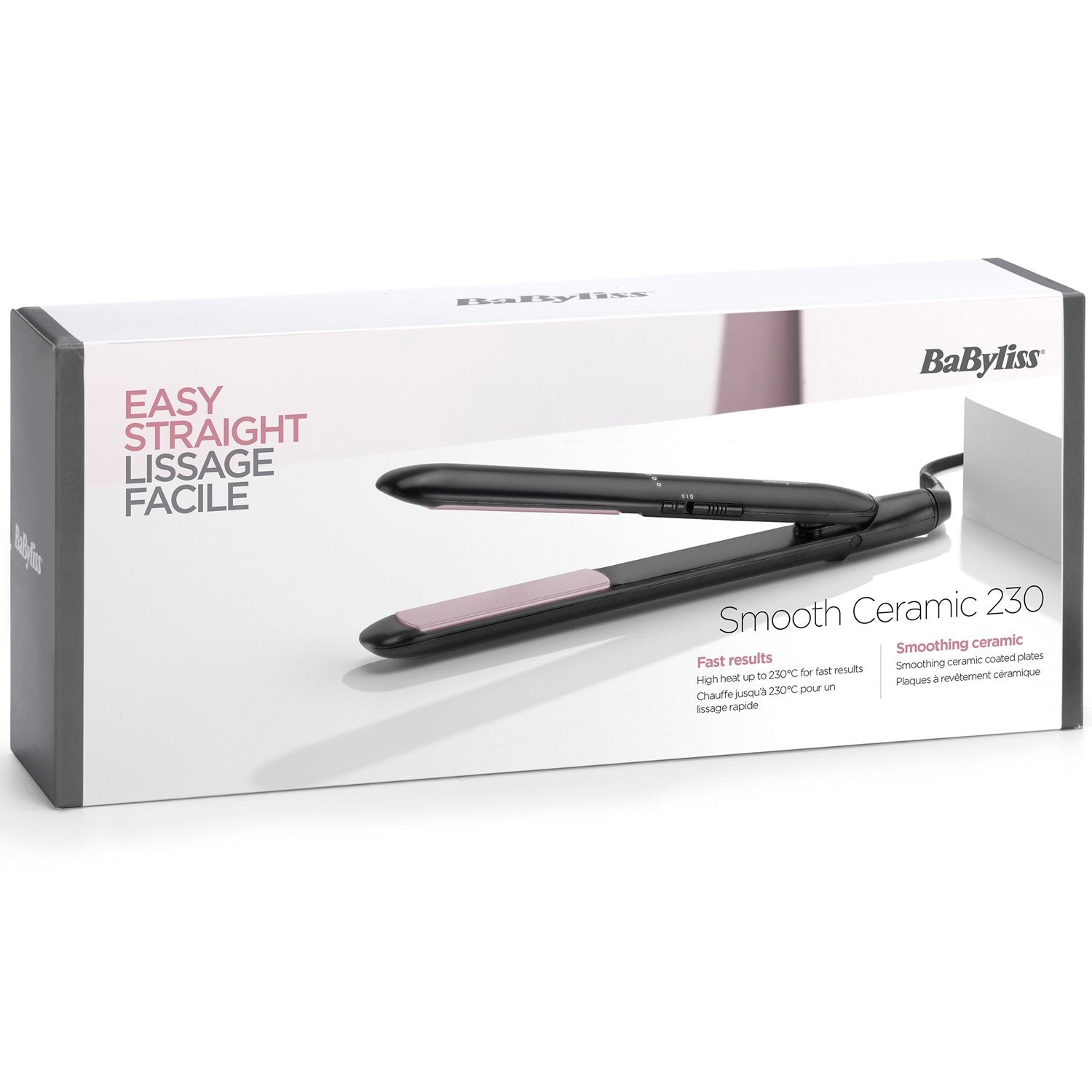 Packaging of a black hair straightener with pink plates and BaByliss logo.
