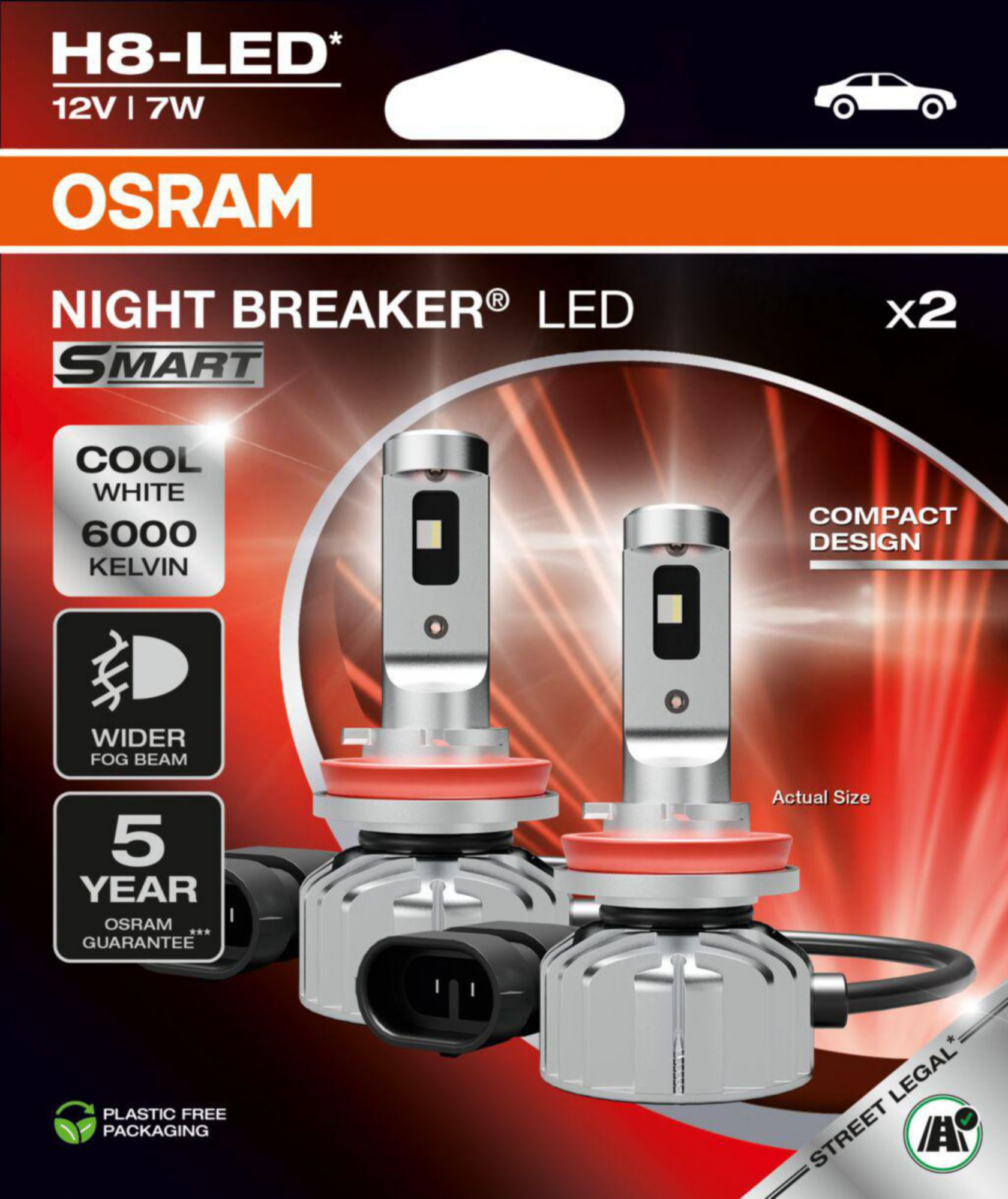 Zwei Osram Night Breaker LED-Scheinwerfer, 6000K, für Autos.