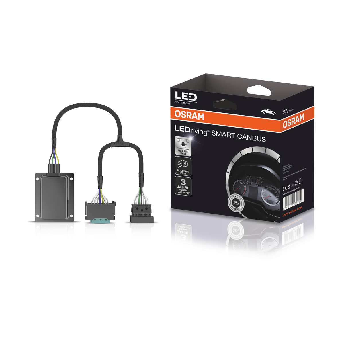 Ein Osram LEDriving Smart Canbus Controller mit Kabeln und Verpackung.
