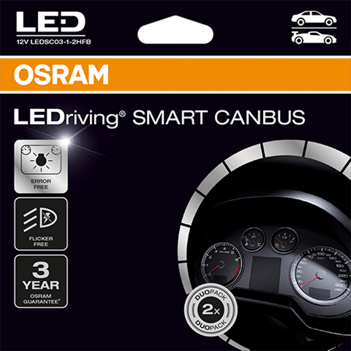 OSRAM LEDriving SMART CANBUS Verpackung mit Auto-Armaturenbrett-Anzeige.