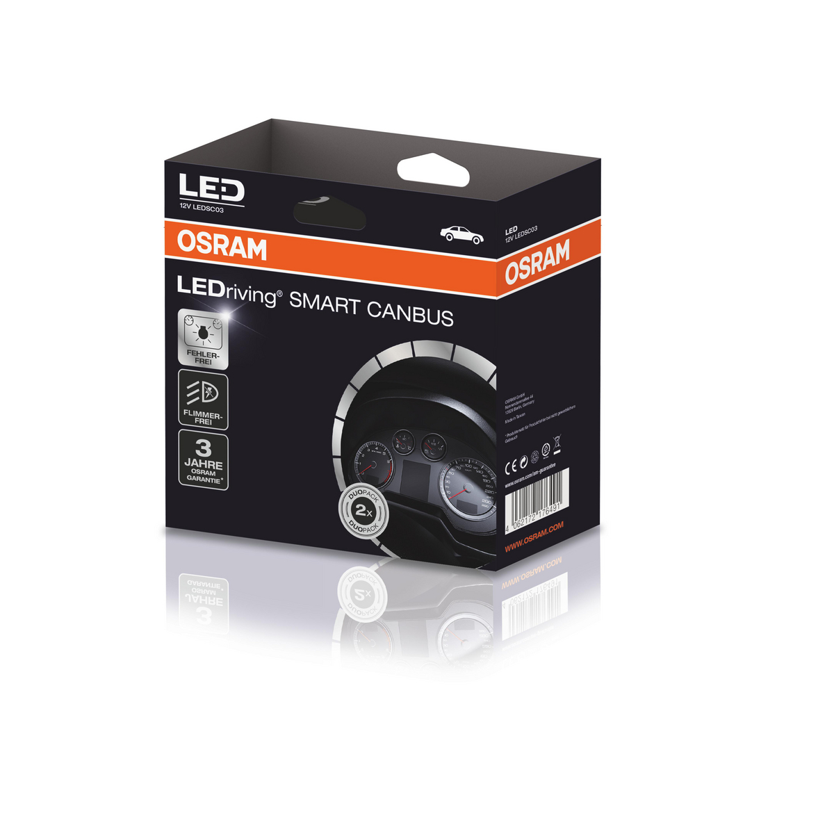 OSRAM LEDriving SMART CANBUS Verpackung mit Auto-Armaturenbrett-Grafik und Garantieangaben.