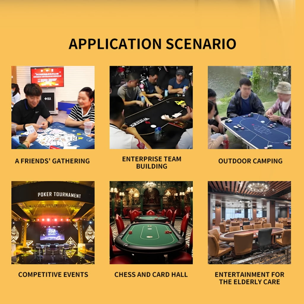 Sechs Bilder zeigen Anwendungsszenarien: Freundestreffen, Teambuilding, Camping, Pokerturnier, Spielsaal, Seniorenpflege.