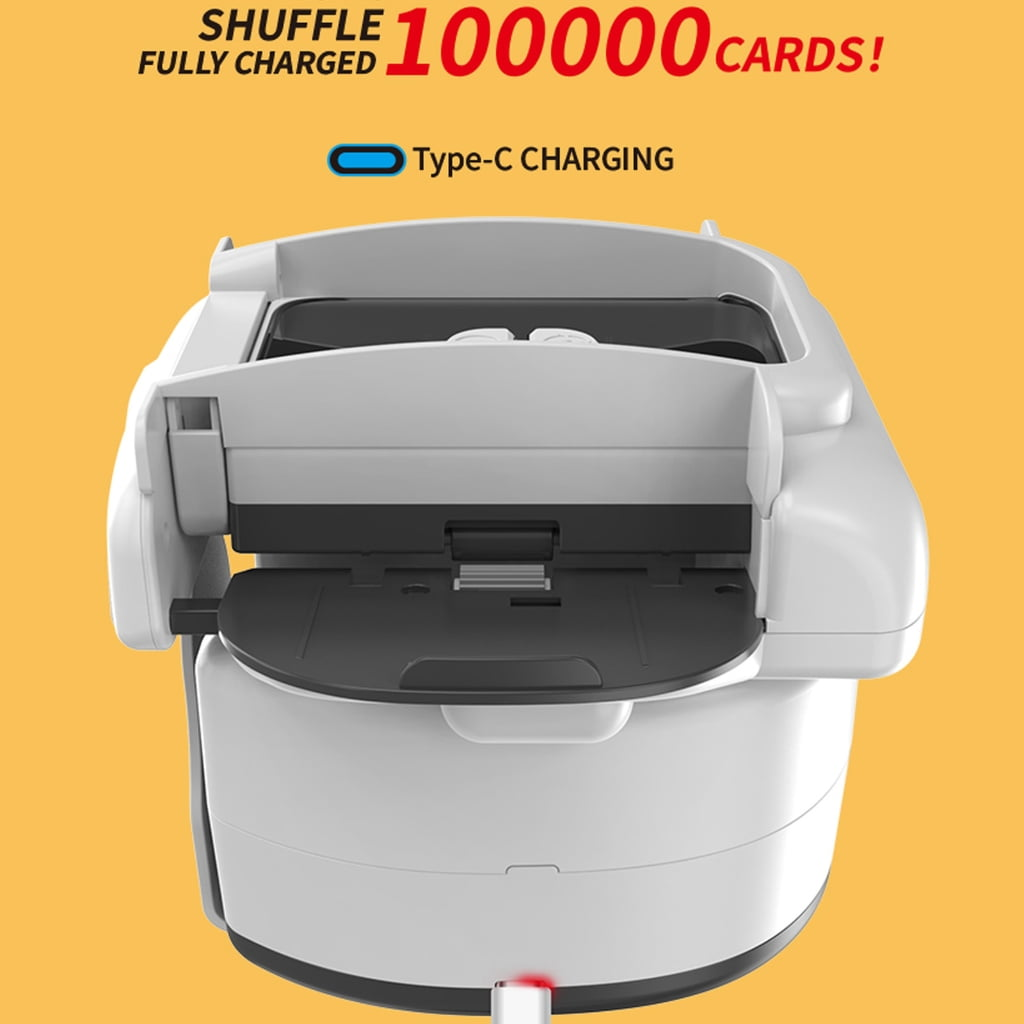 Ein weißer Kartenmischer mit "Type-C CHARGING" und "100000 CARDS!" Aufschrift.
