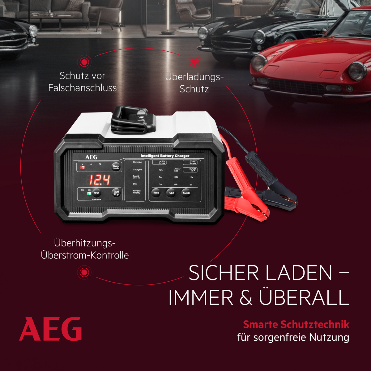AEG intelligenter Batterieladegerät mit roten und schwarzen Klemmen, zeigt 12.4V an. Überlastschutz.