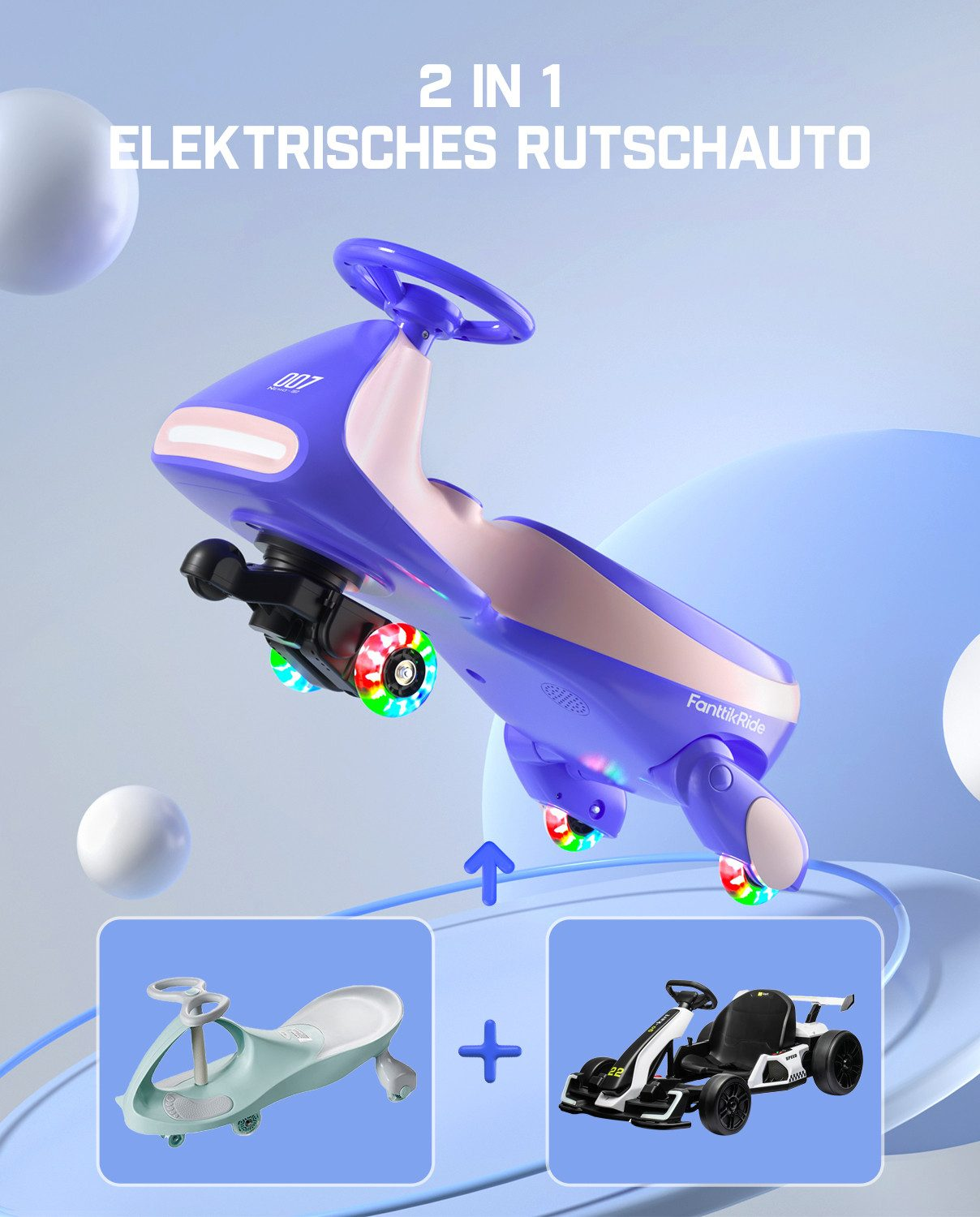 Lila Elektro-Fahrzeug mit Lichtern, daneben ein grünes und ein weiß-schwarzes Gokart.