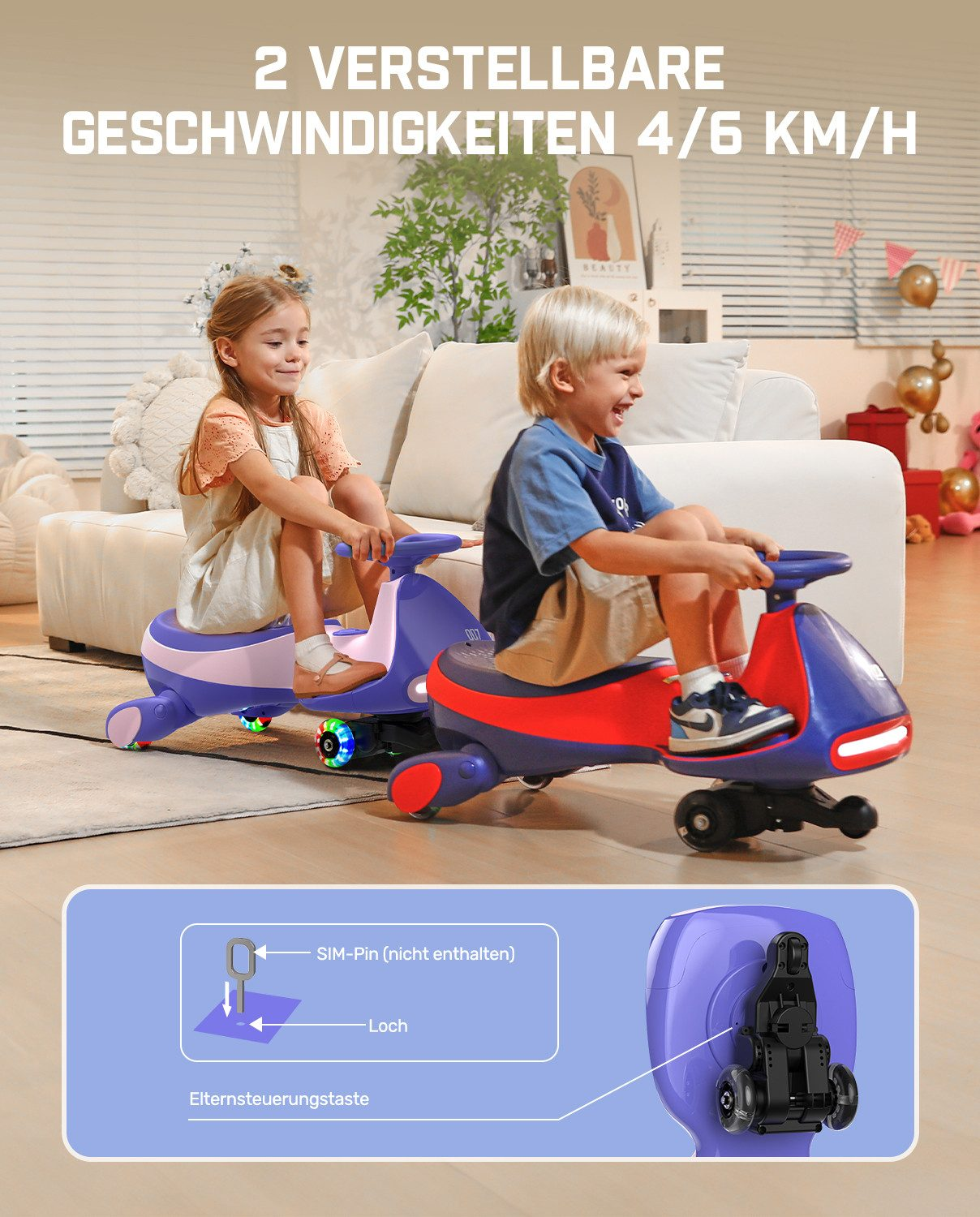 Zwei Kinder fahren violette und rote Spielzeugautos mit Lichtern. Details zur Elternsteuerung.