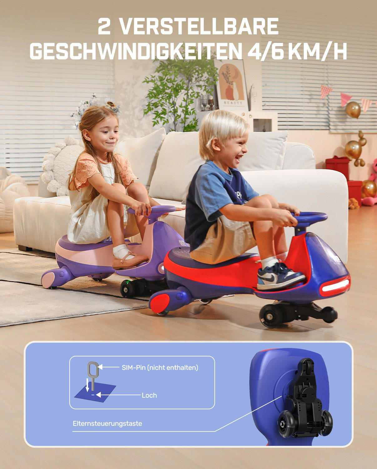 Kinder auf Spielzeugautos in einem Wohnzimmer, mit Text über Geschwindigkeiten.