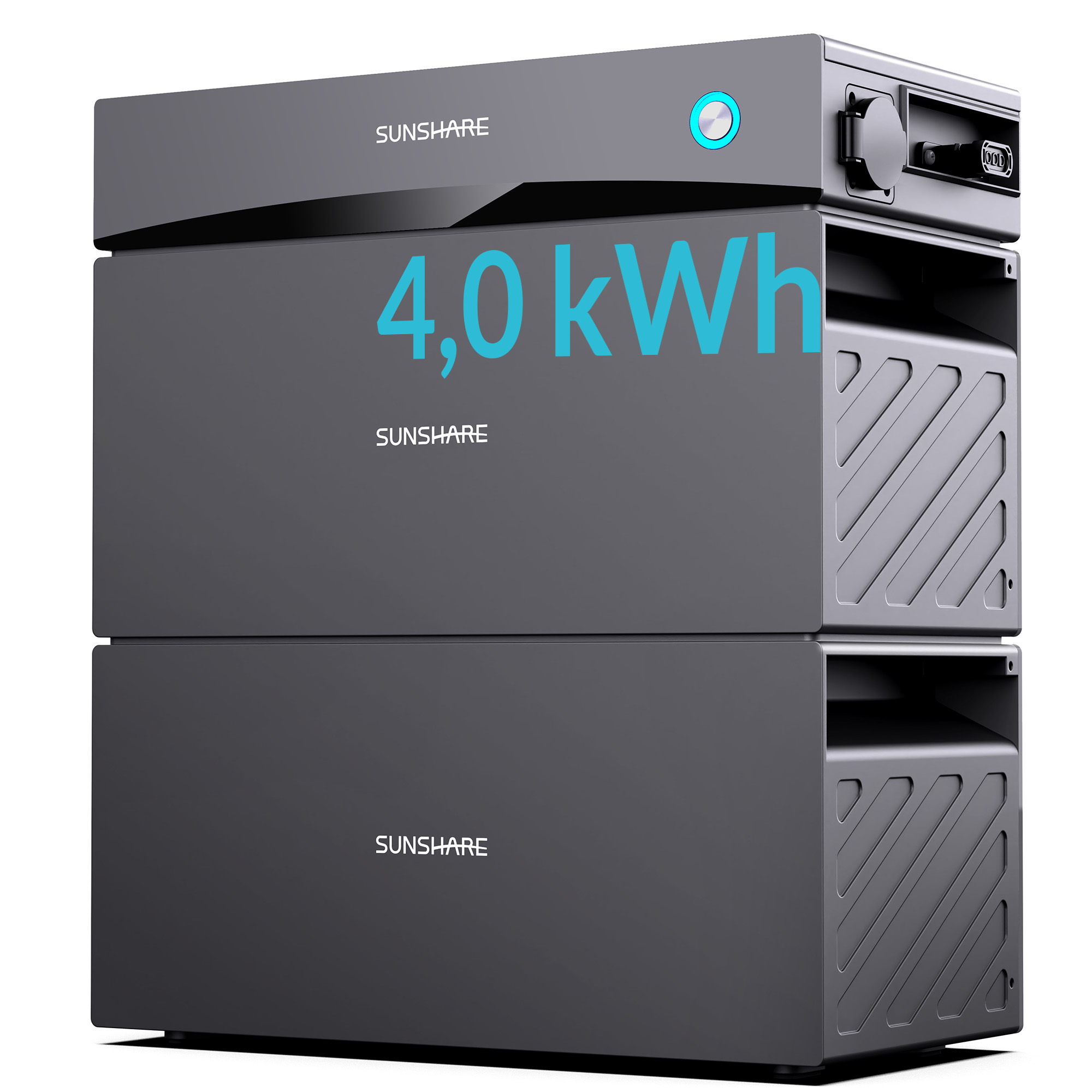 Ein graues Energiespeichersystem mit 4,0 kWh und blauen Akzenten.