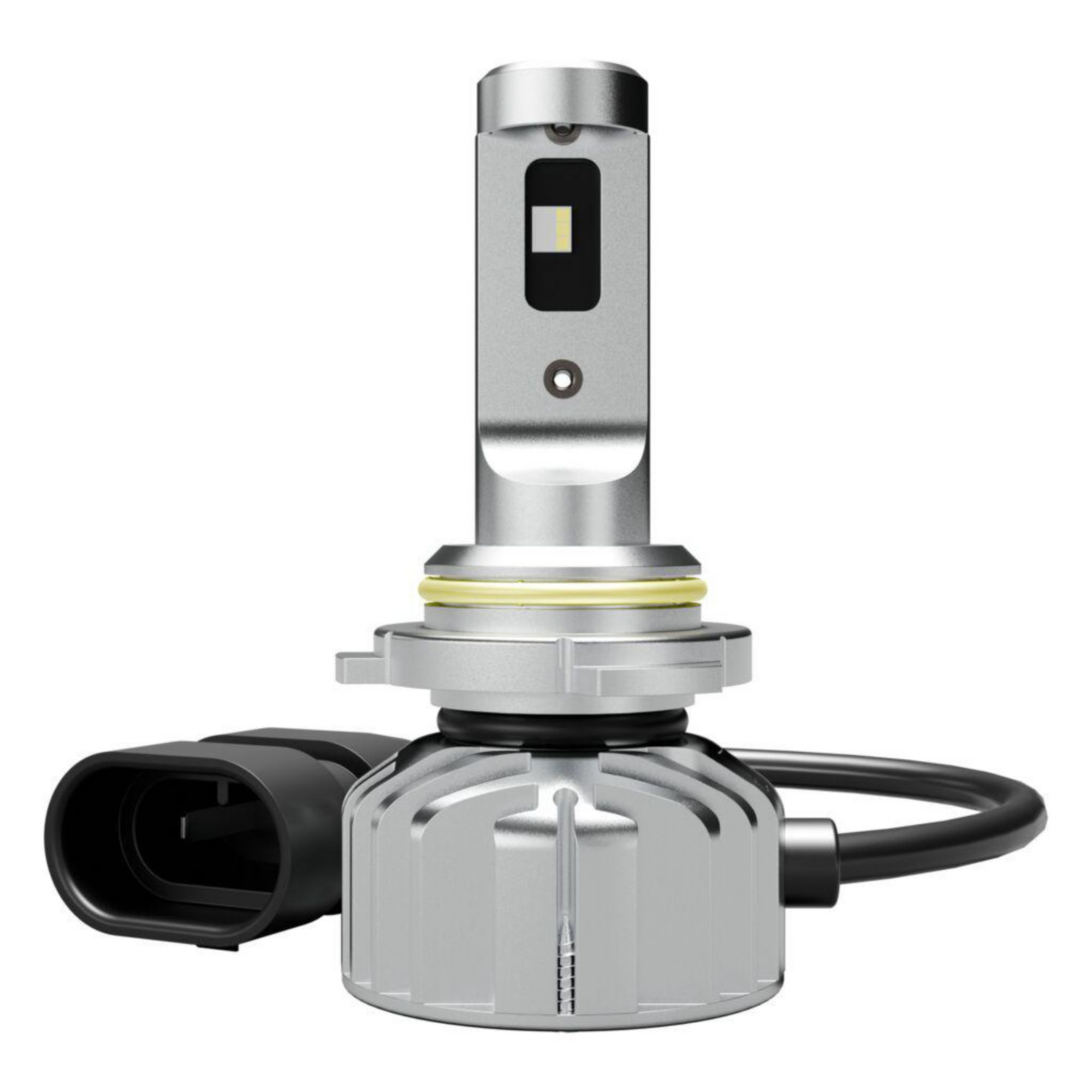 Silberne LED-Autolampe mit schwarzem Stecker und Kabel, weißer Hintergrund.
